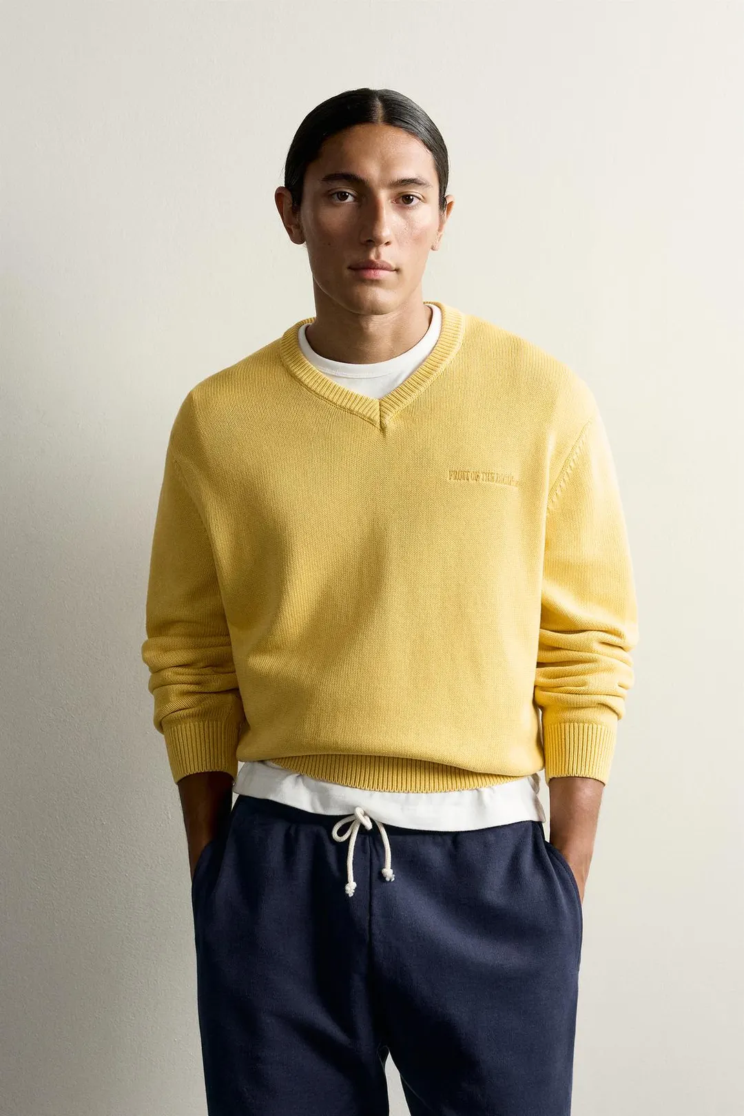 Джемпер хлопковый с V-образным вырезом и вышивкой Fruit of the Loom™, Zara