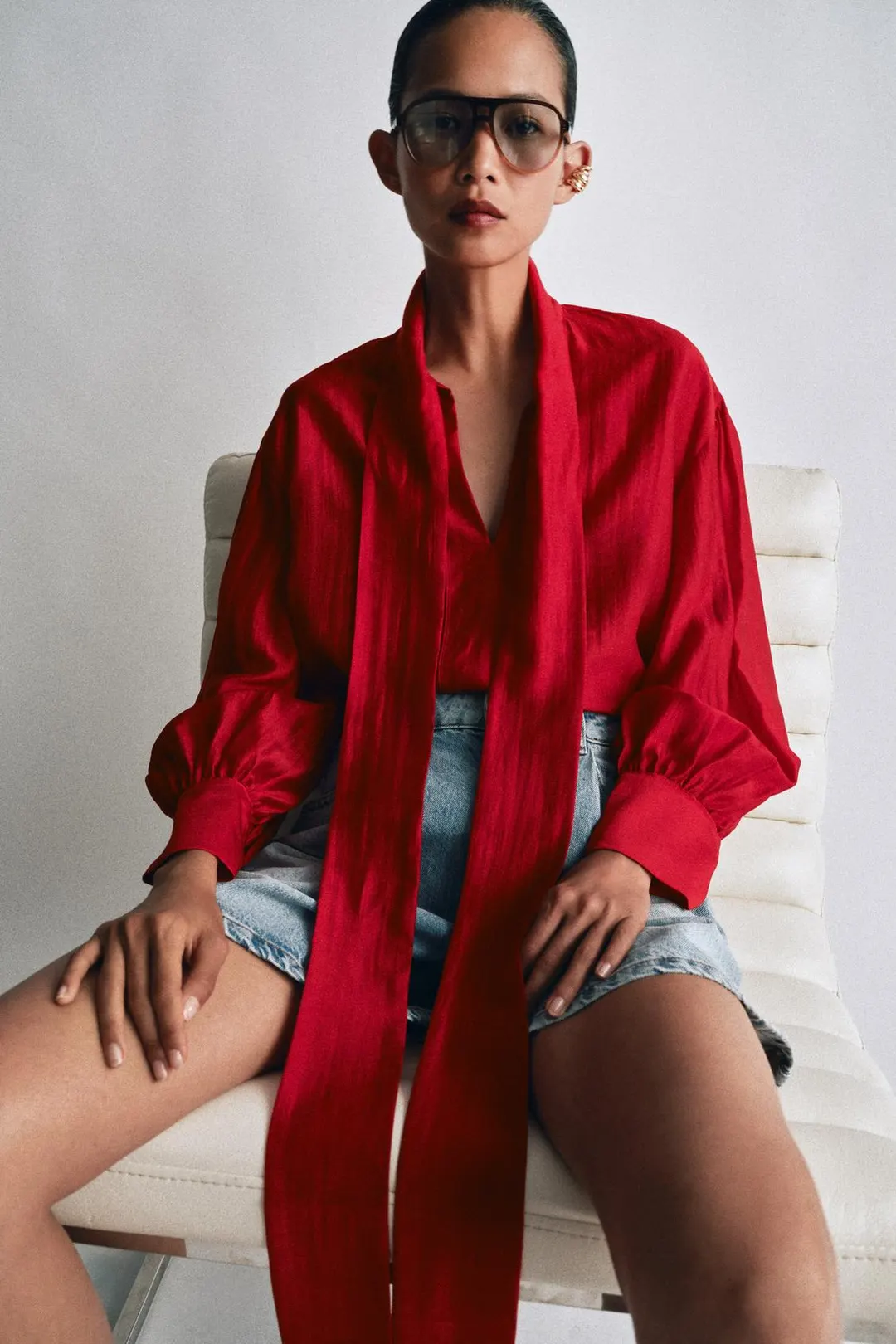 Атласная рубашка с завязками ZW Collection, Zara