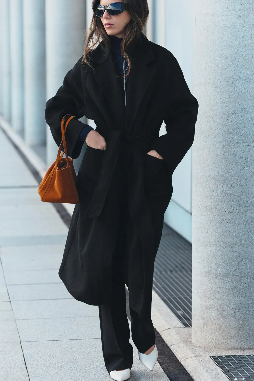 Пальто из смесовой шерсти с поясом, Zara