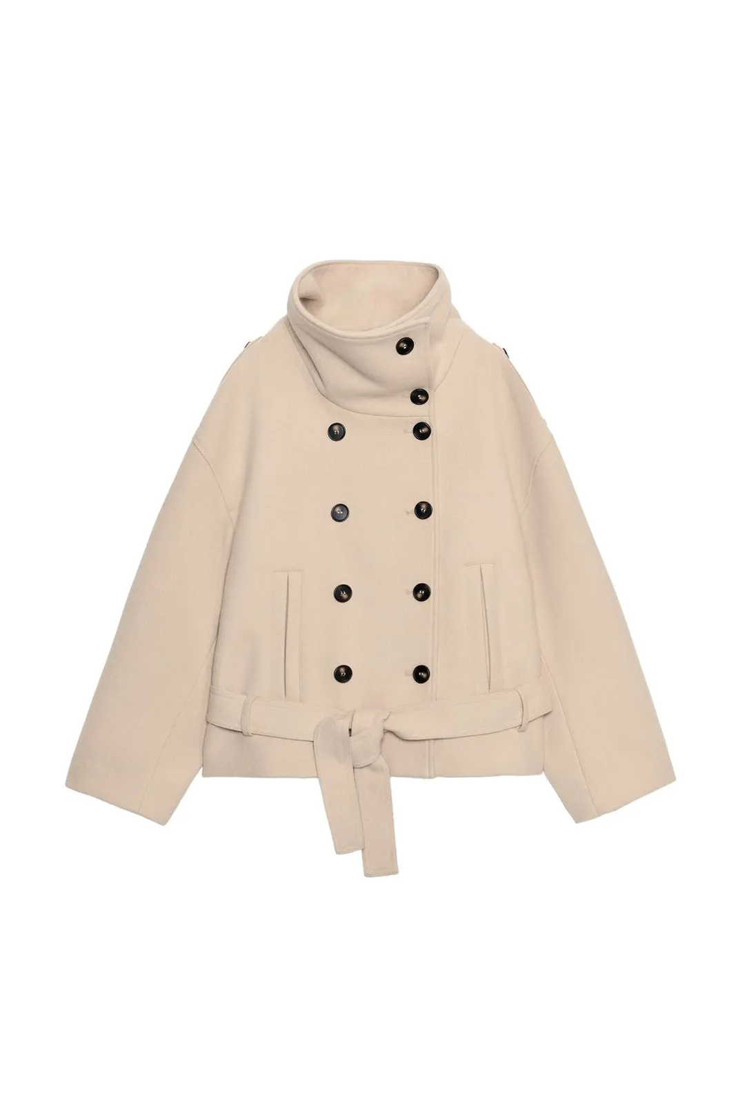 Пальто короткое с высоким воротником и поясом, Zara