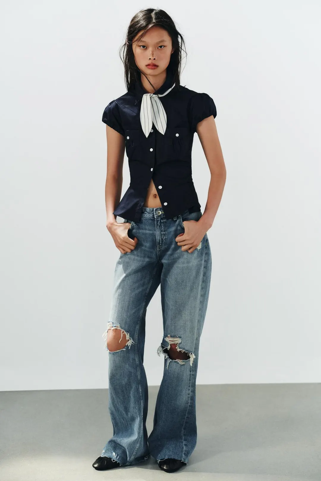 Рубашка строгого кроя с карманами и шарфом, Zara