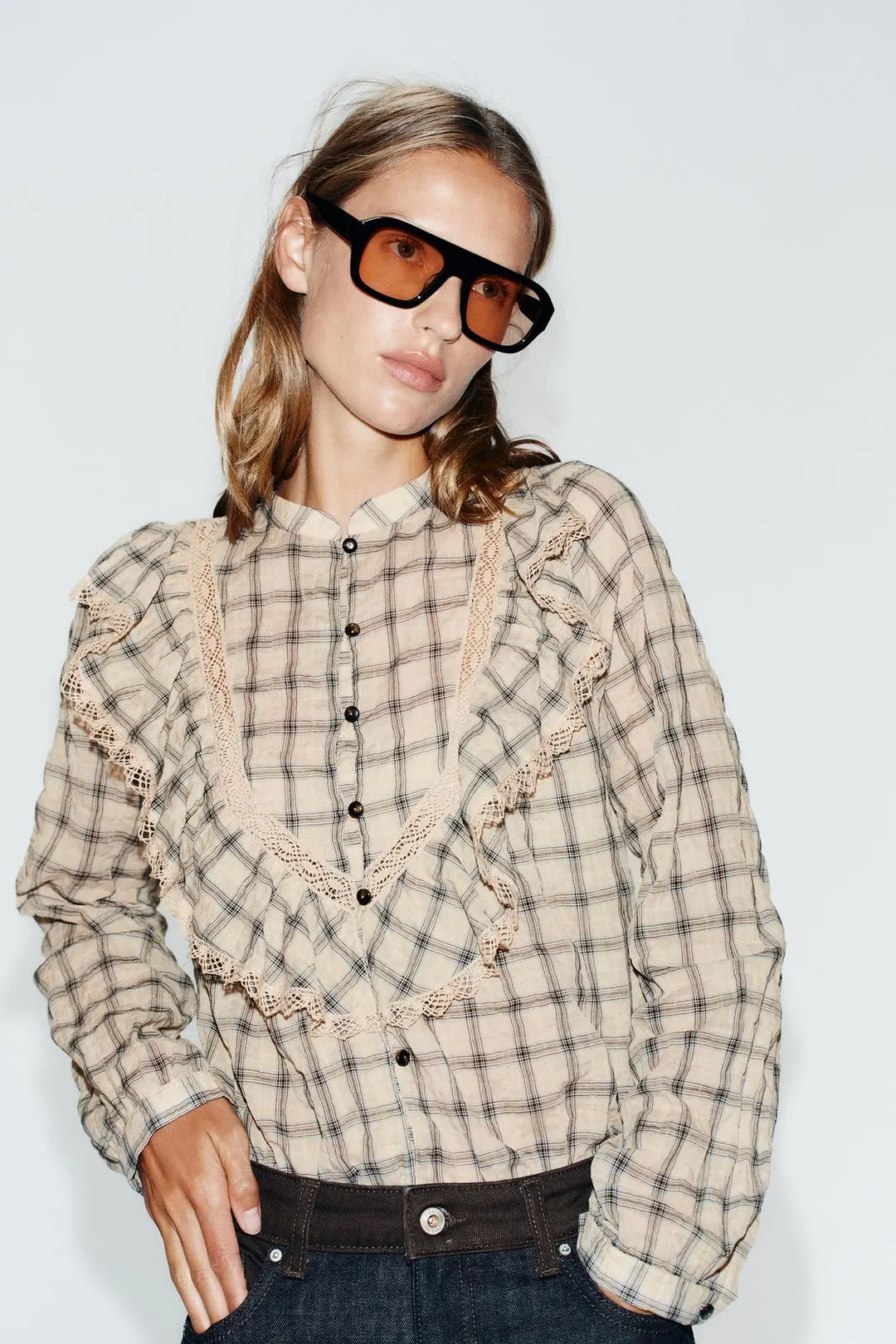 Блузка в клетку с кружевом, Zara