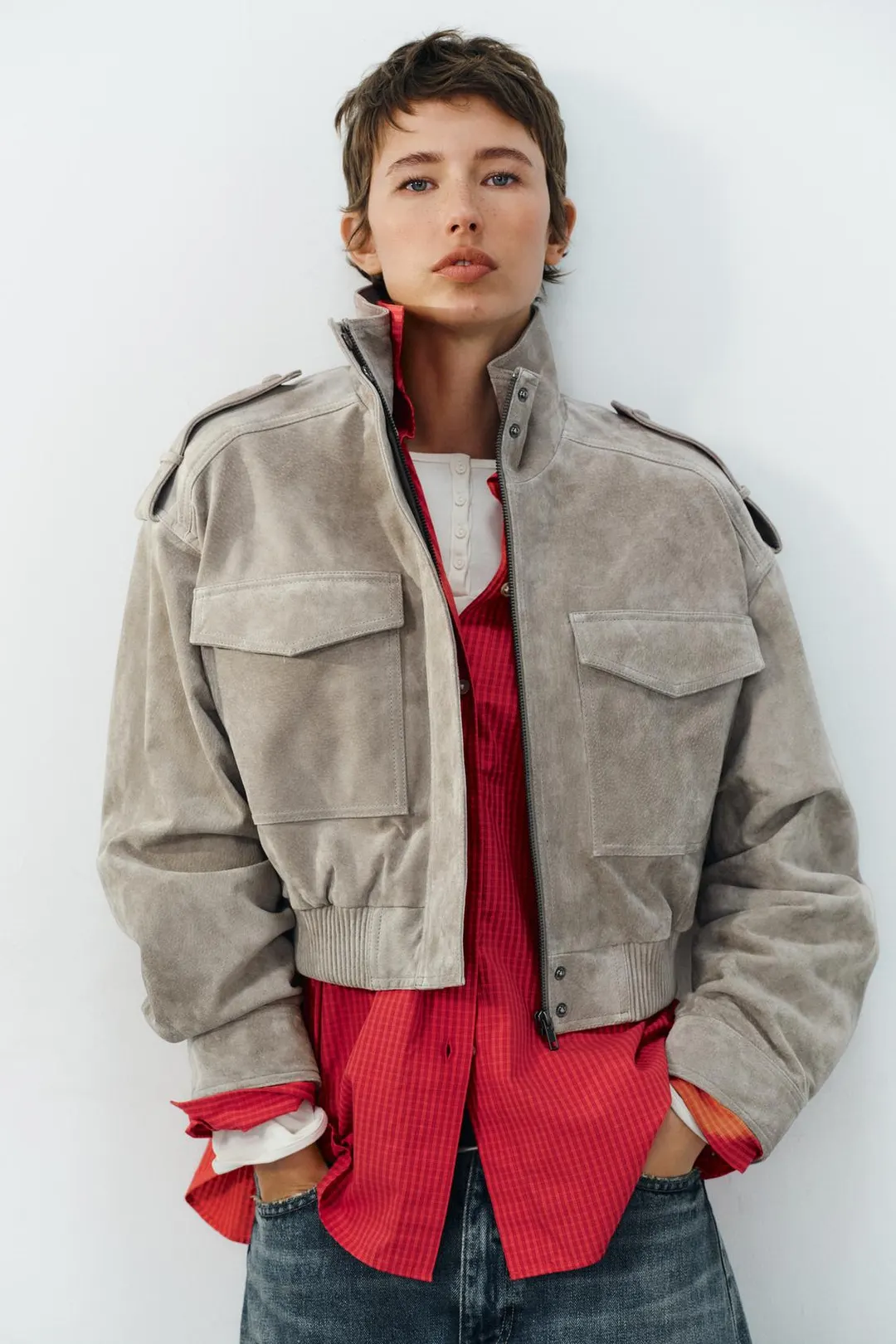 Укороченная куртка из 100% кожи с хлястиками, Zara