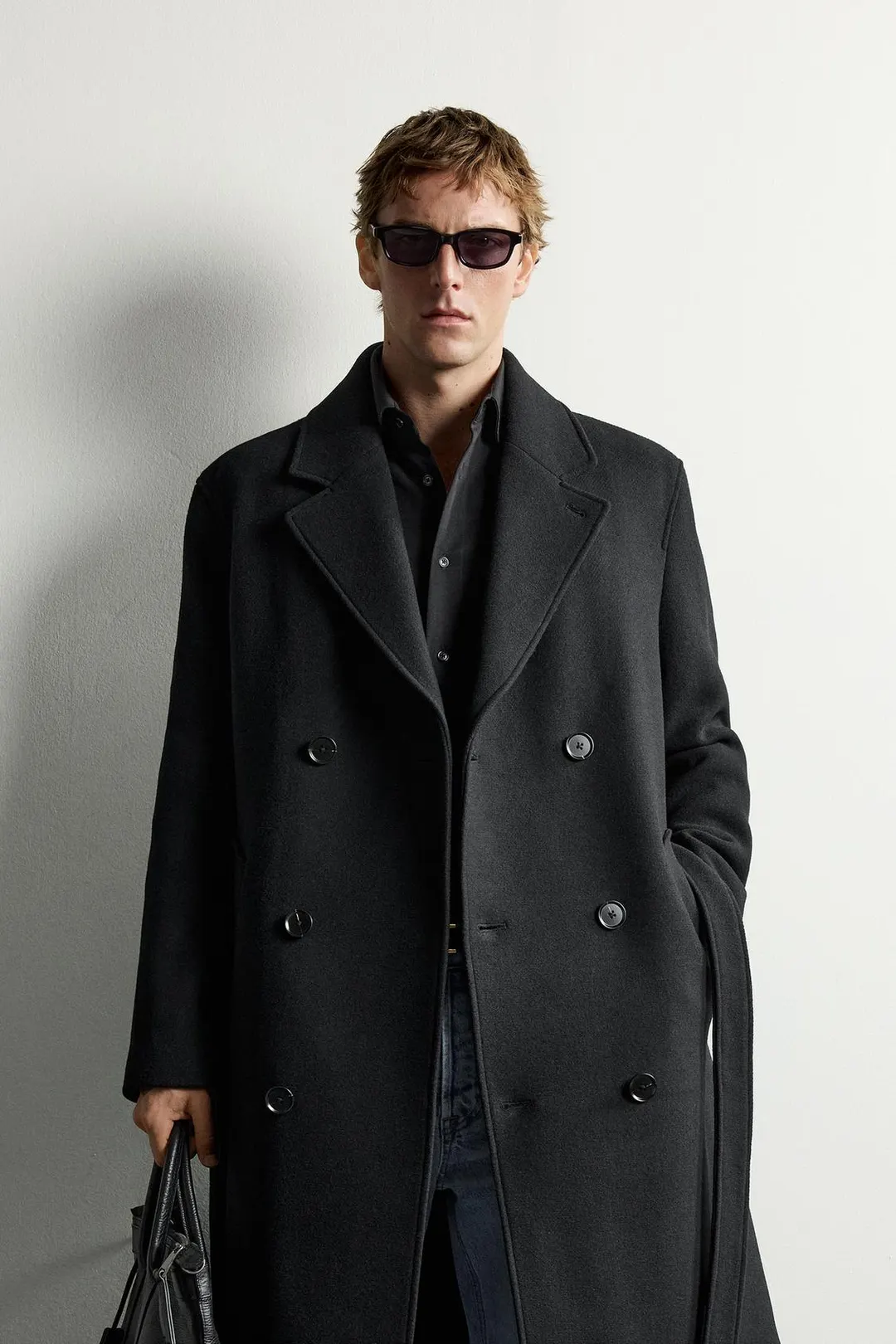 Двубортное пальто из смесовой шерсти с поясом, Zara