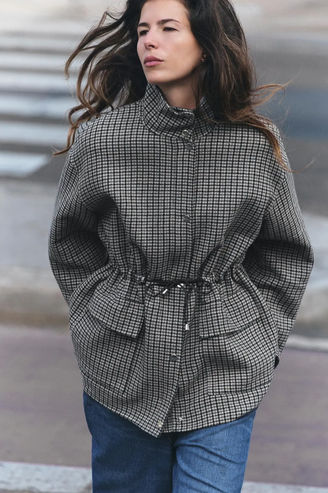 Пальто из смесовой шерсти с узором гусиная лапка, Zara