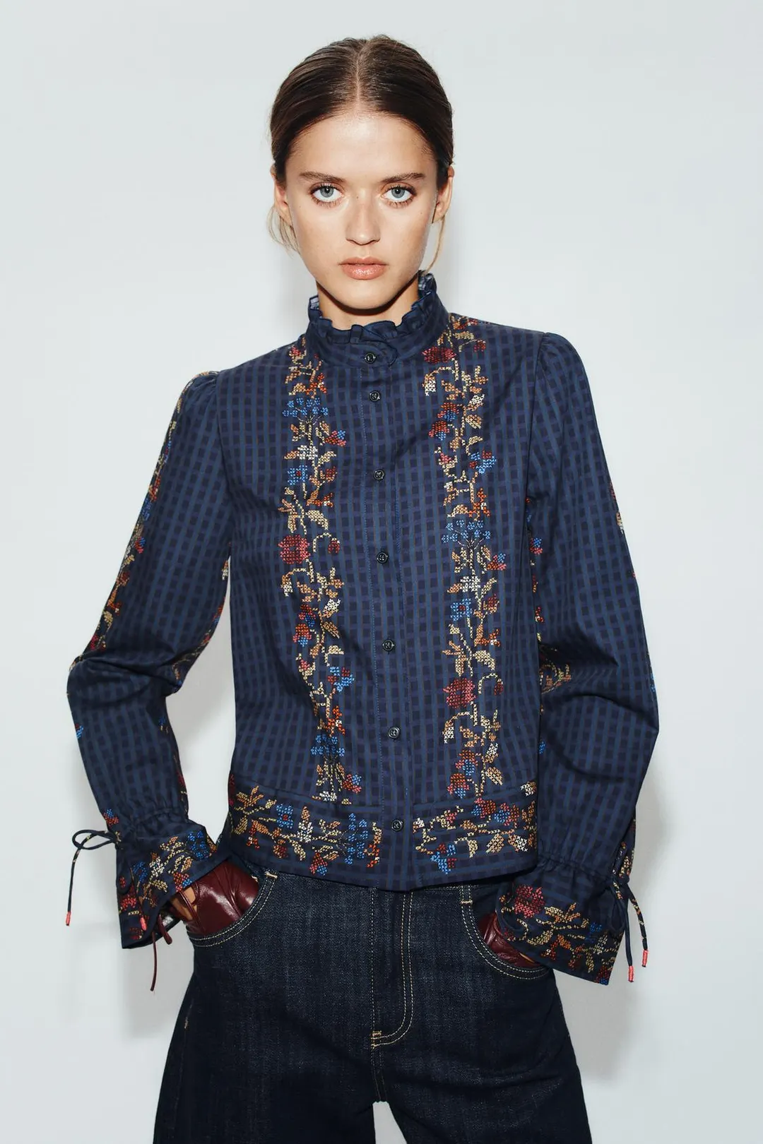 Замшевая блузка с принтом и оборками, Zara