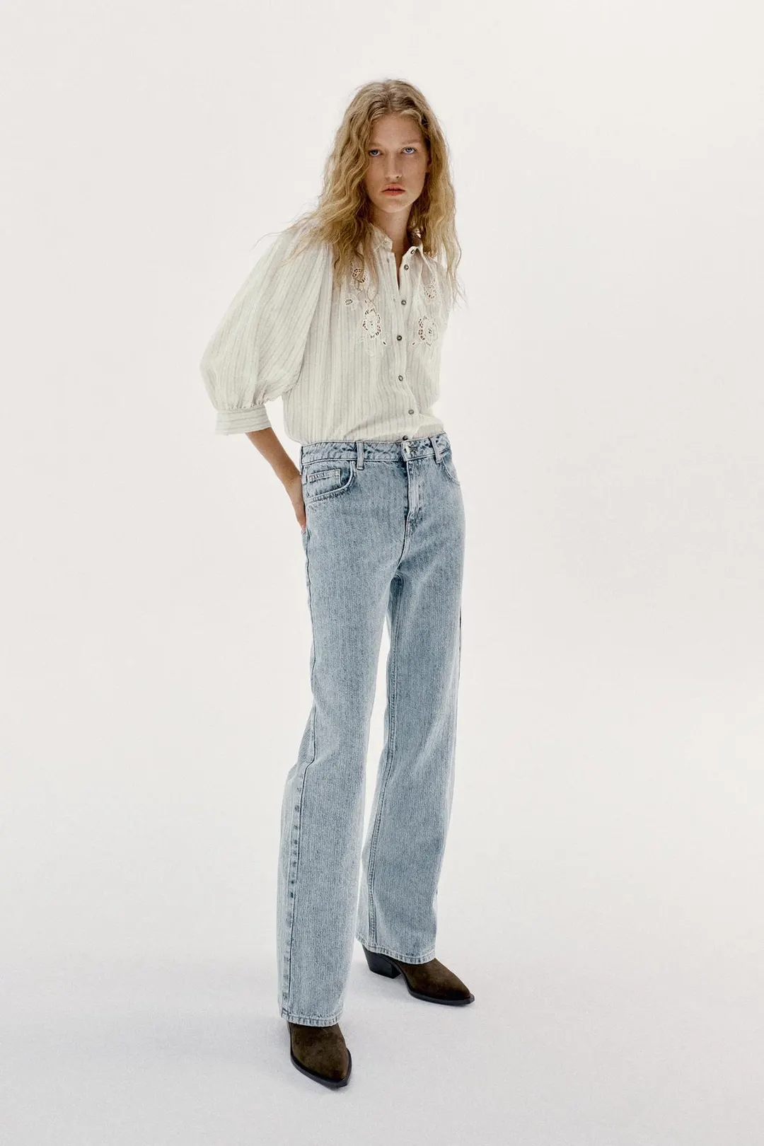 Рубашка в полоску с ажурной вышивкой, Zara