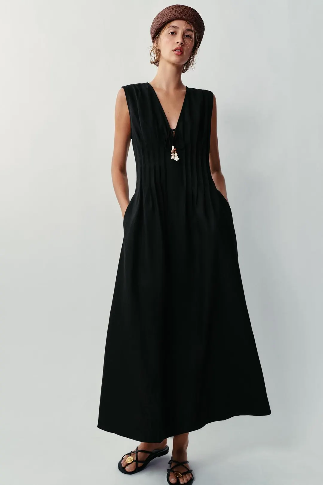 Платье миди из смесового льна с защипами, Zara