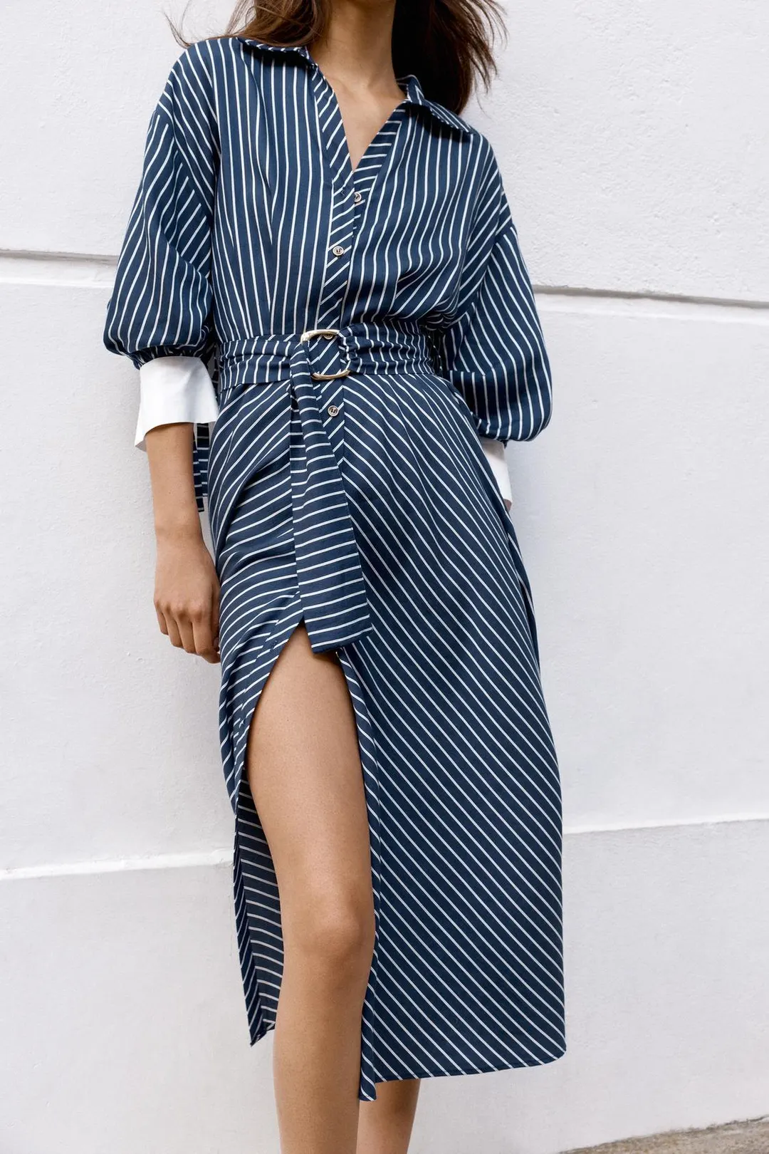 Полосатое платье миди с поясом, Zara