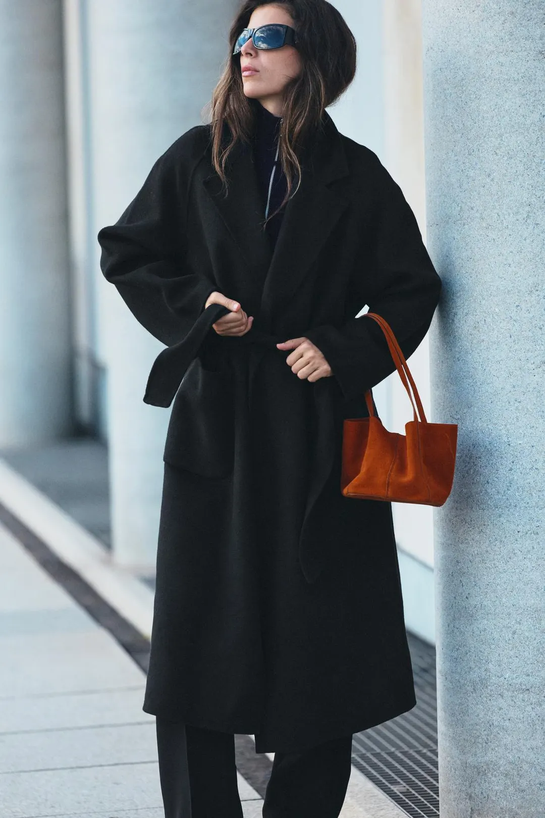 Пальто из смесовой шерсти с поясом, Zara
