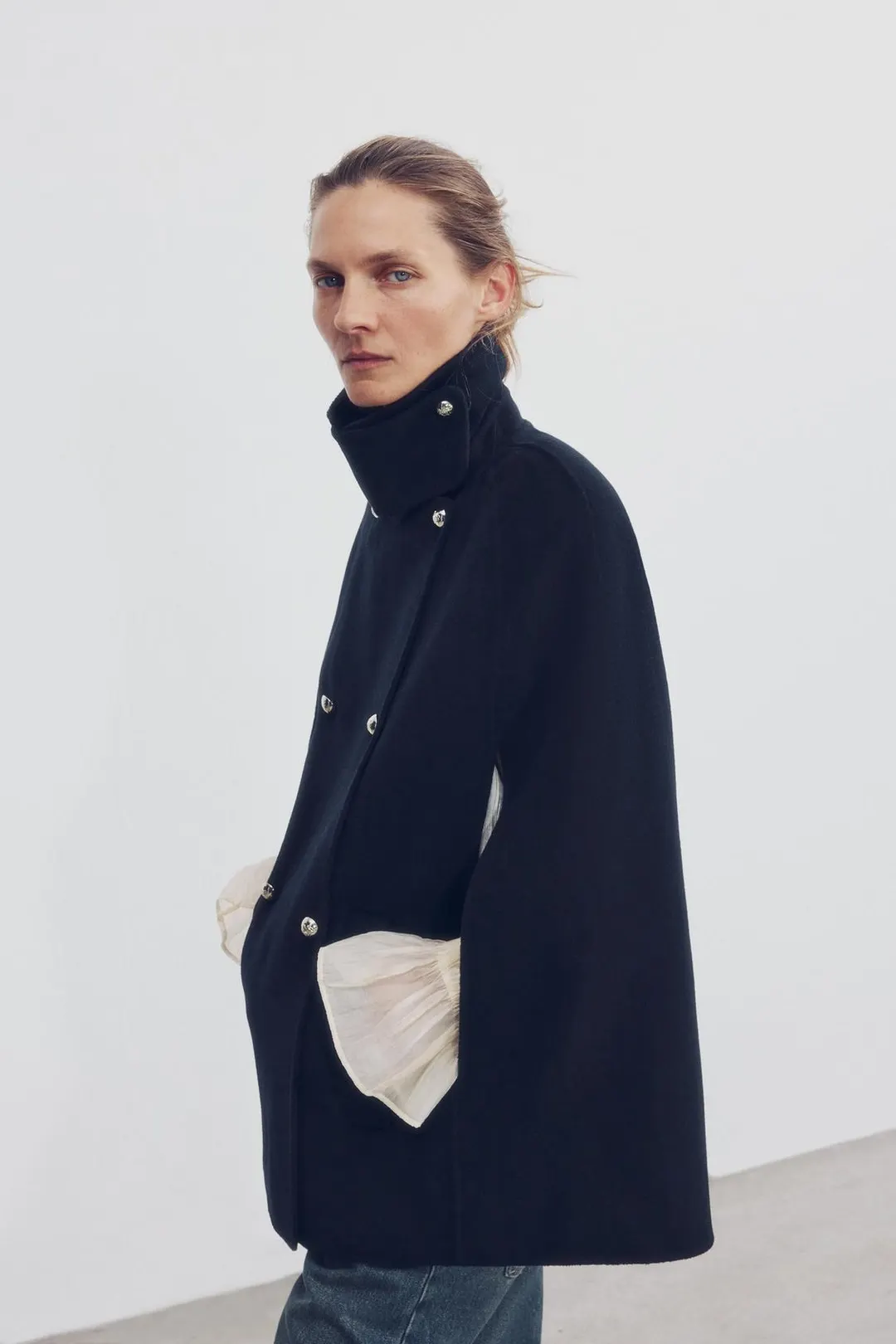 Кейп ZW Collection из смесовой шерсти на пуговицах, Zara