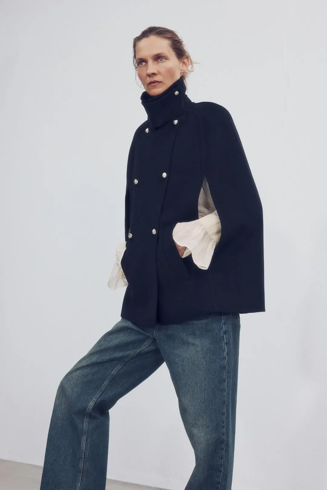 Кейп ZW Collection из смесовой шерсти на пуговицах, Zara