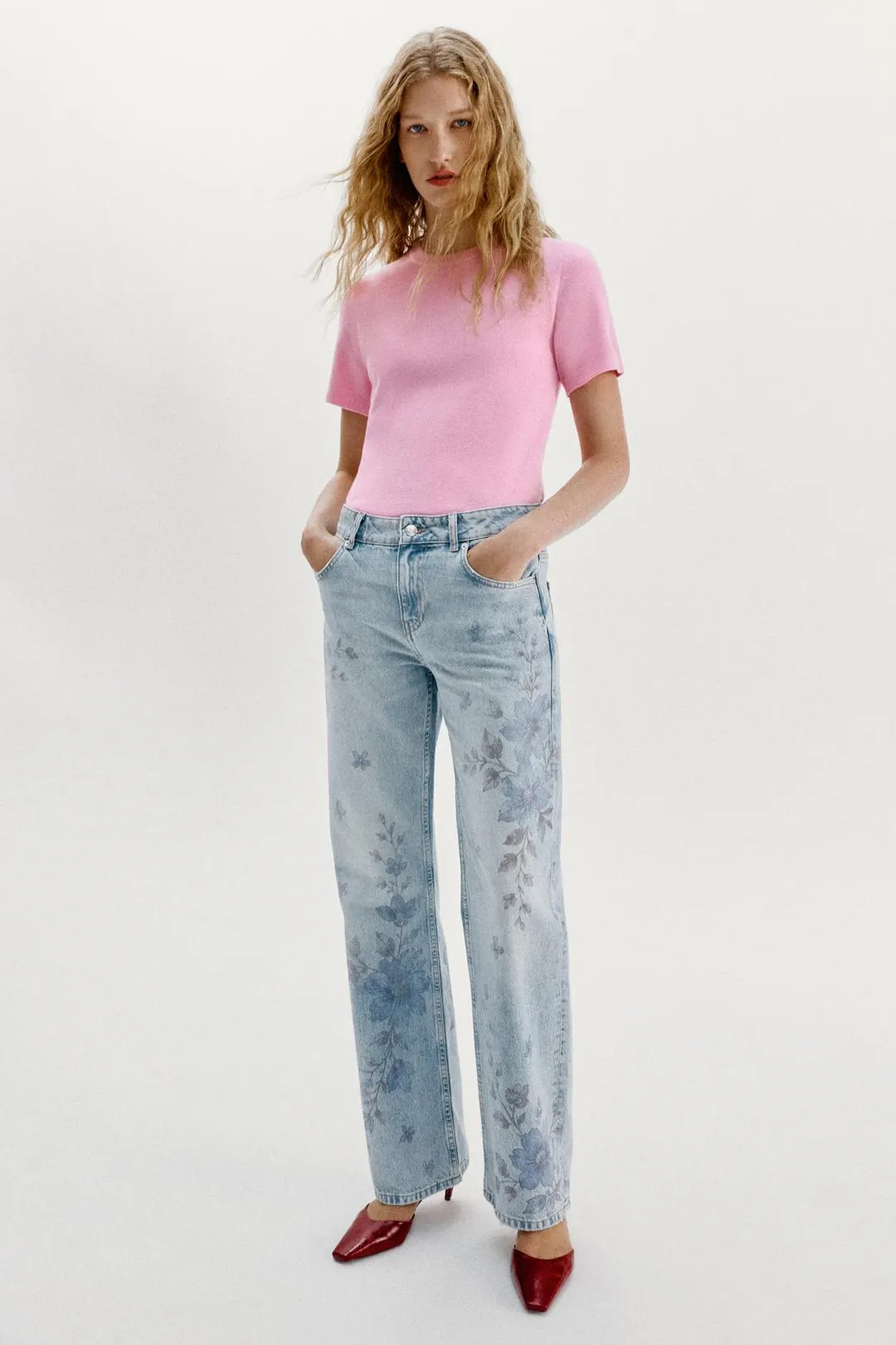 Джинсы Z1975 прямого кроя с цветочным принтом и средней посадкой, Zara