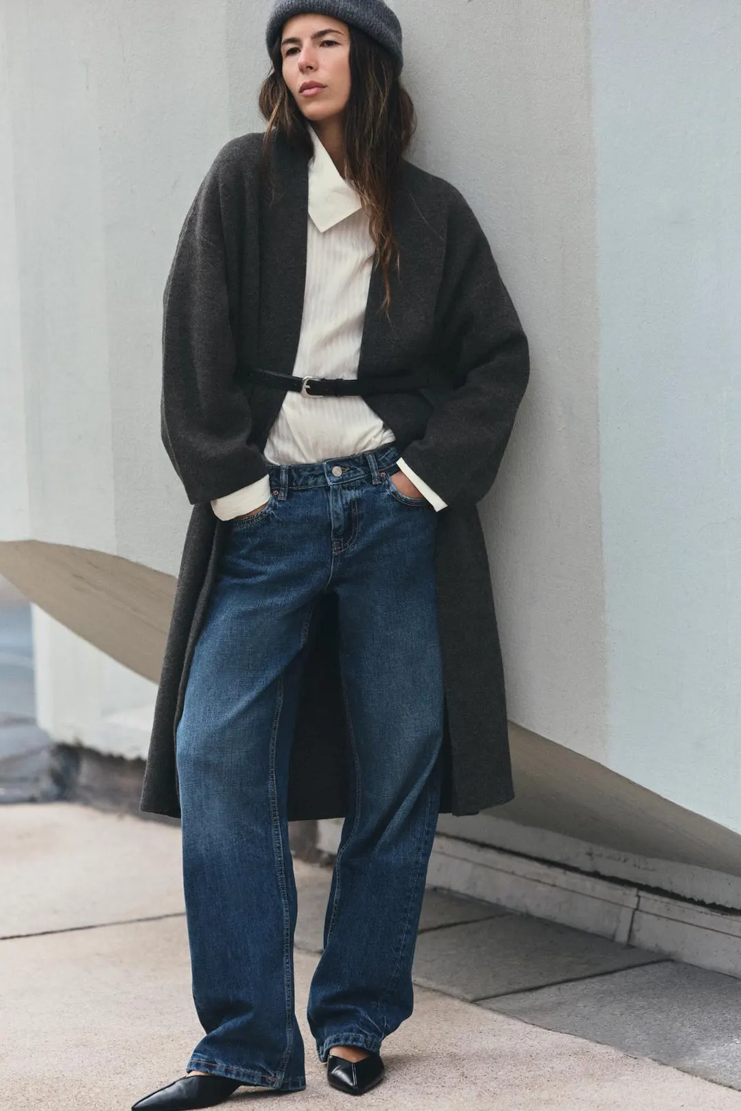 Длинное вязаное пальто с поясом, Zara
