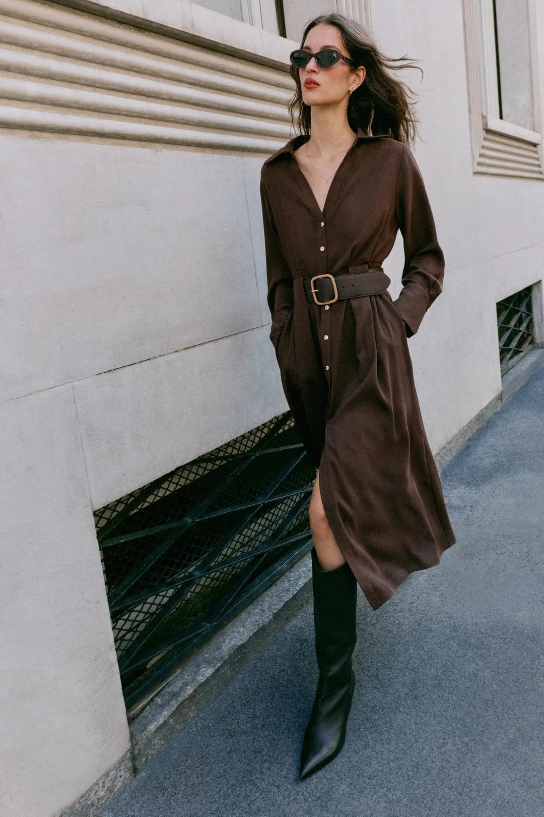 Платье-рубашка миди с поясом, Zara