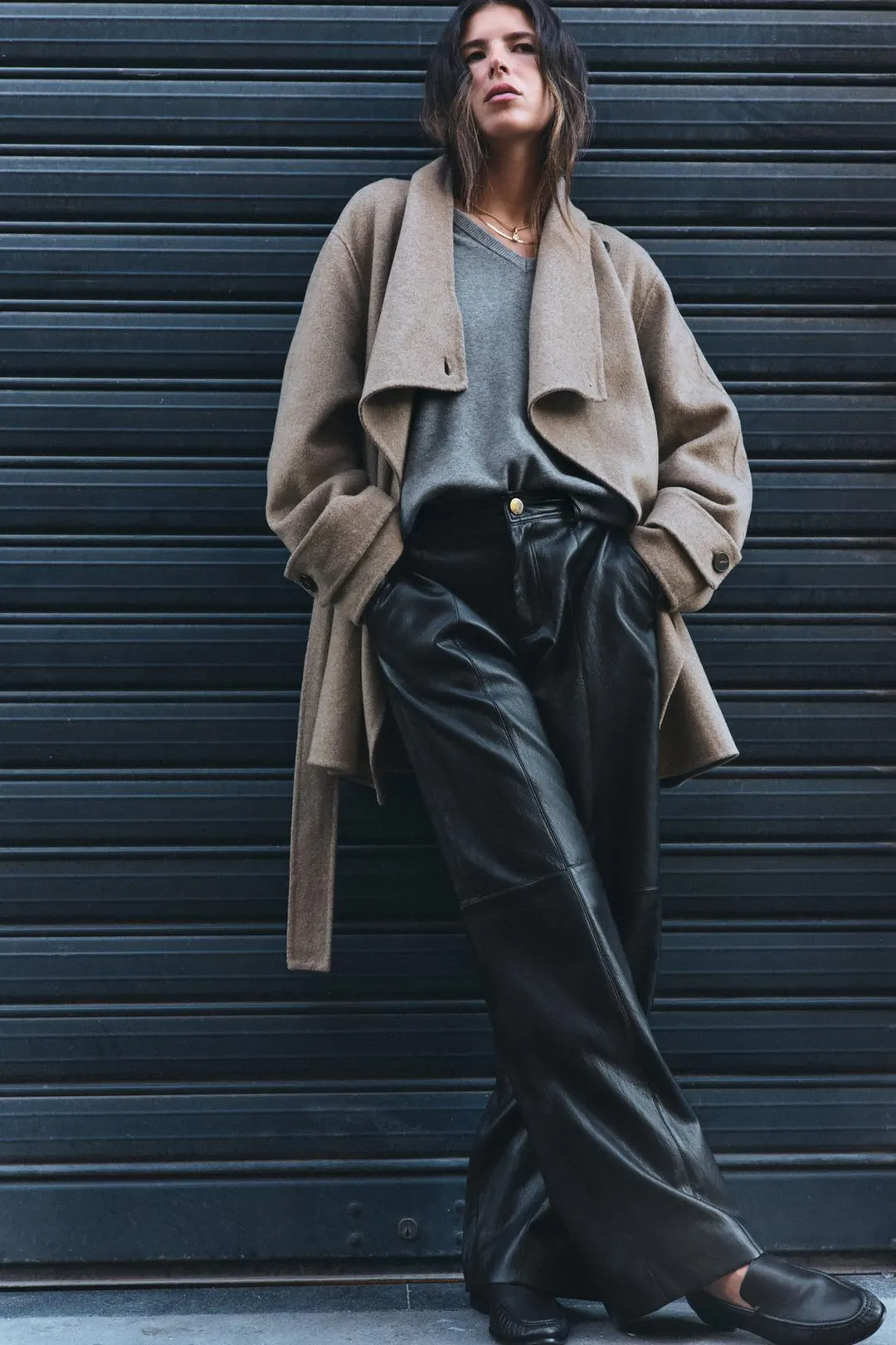 Двубортное пальто из смесовой шерсти с поясом, Zara