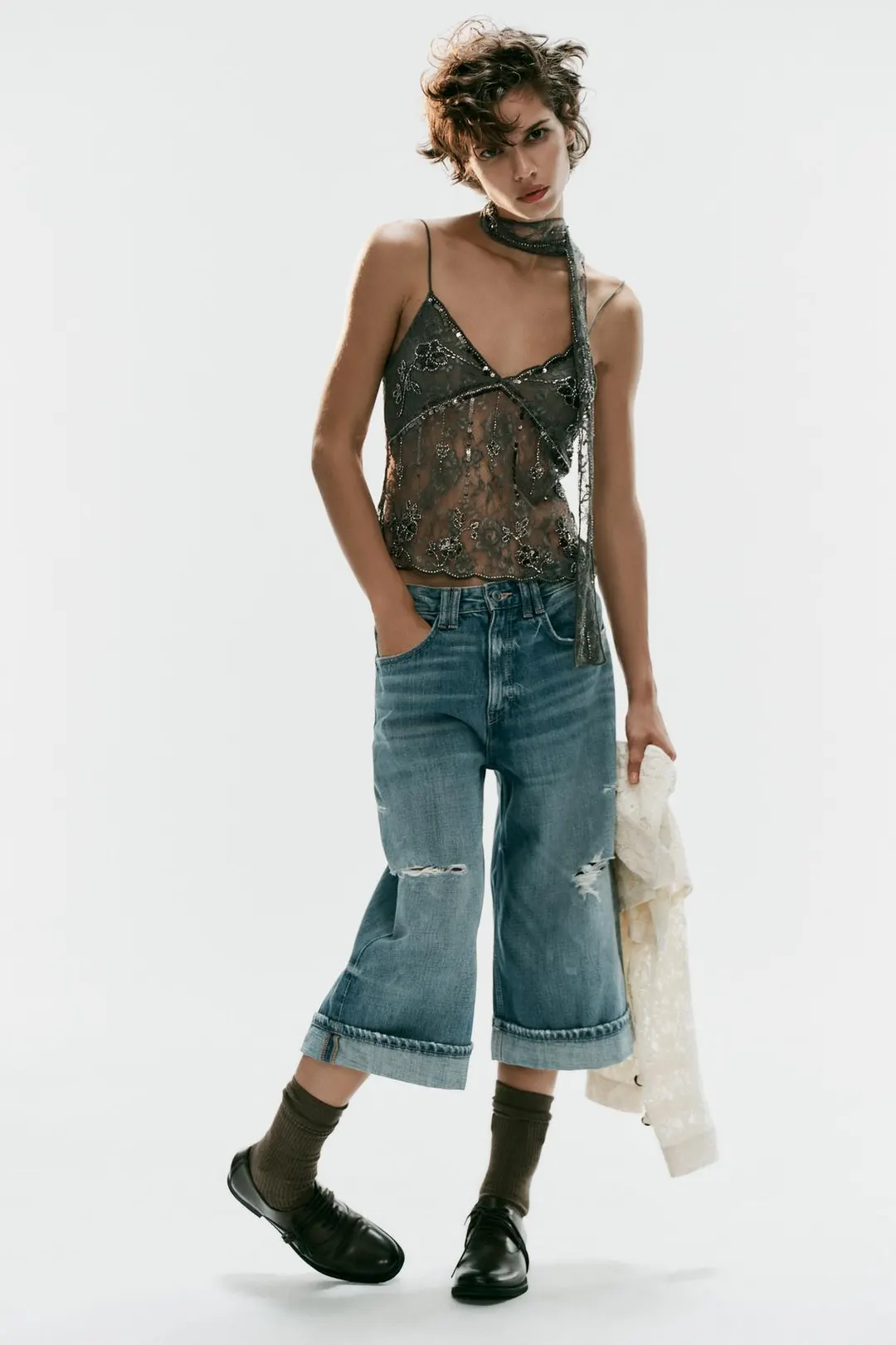 Топ кружевной с вышивкой и шарфом, Zara