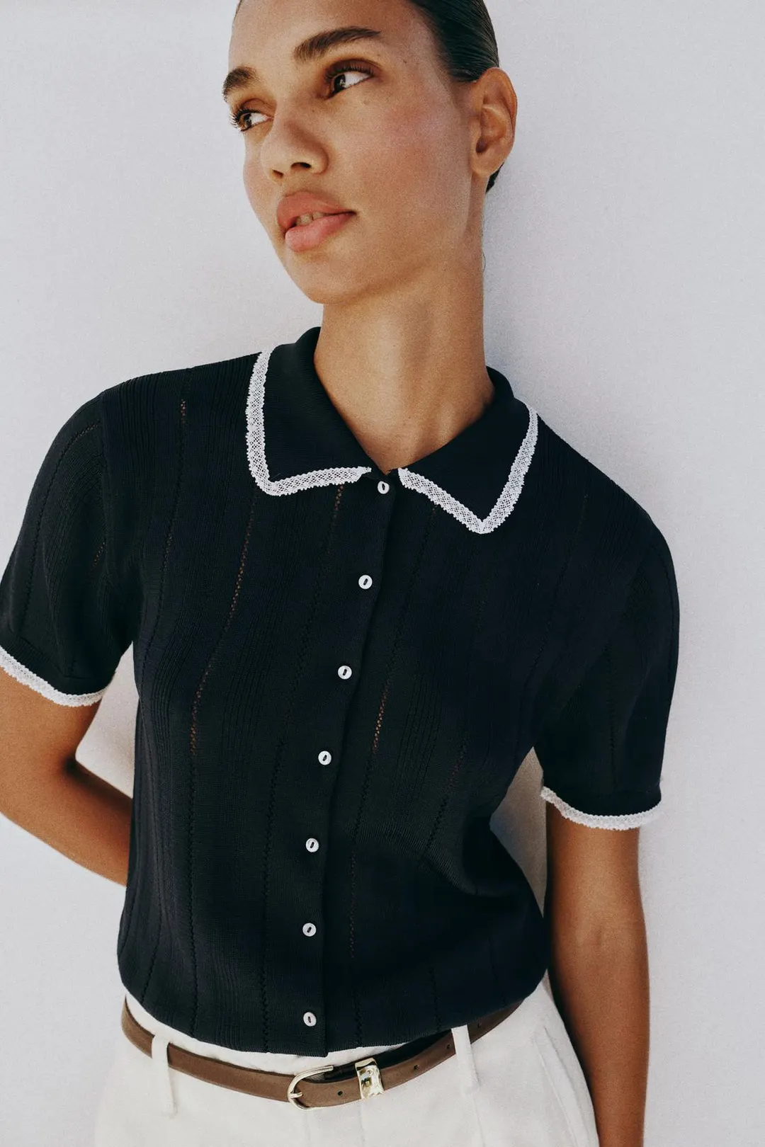 Вязаный кардиган с короткими рукавами и кружевной отделкой, Zara