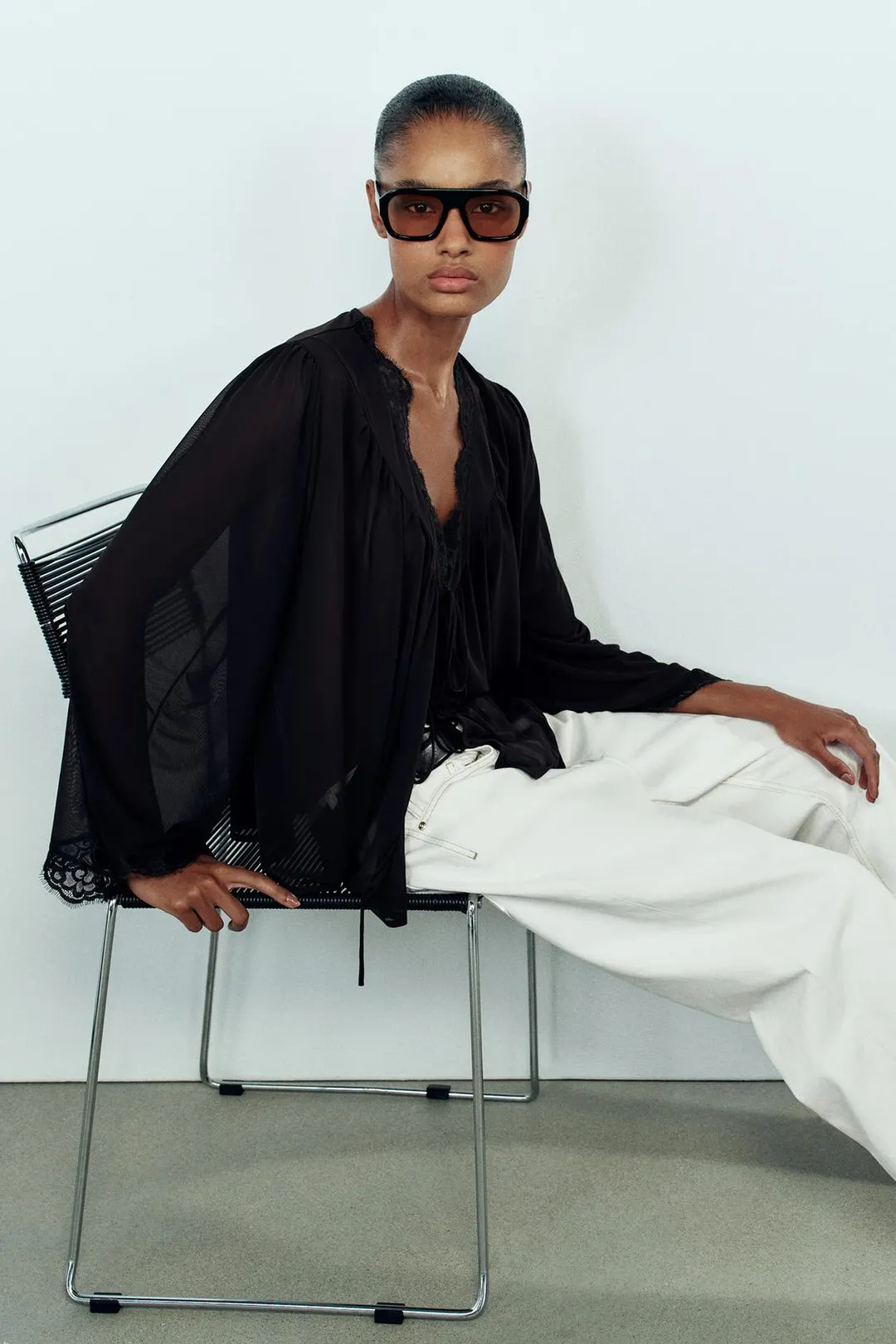 Кружевная блузка с завязкой, Zara