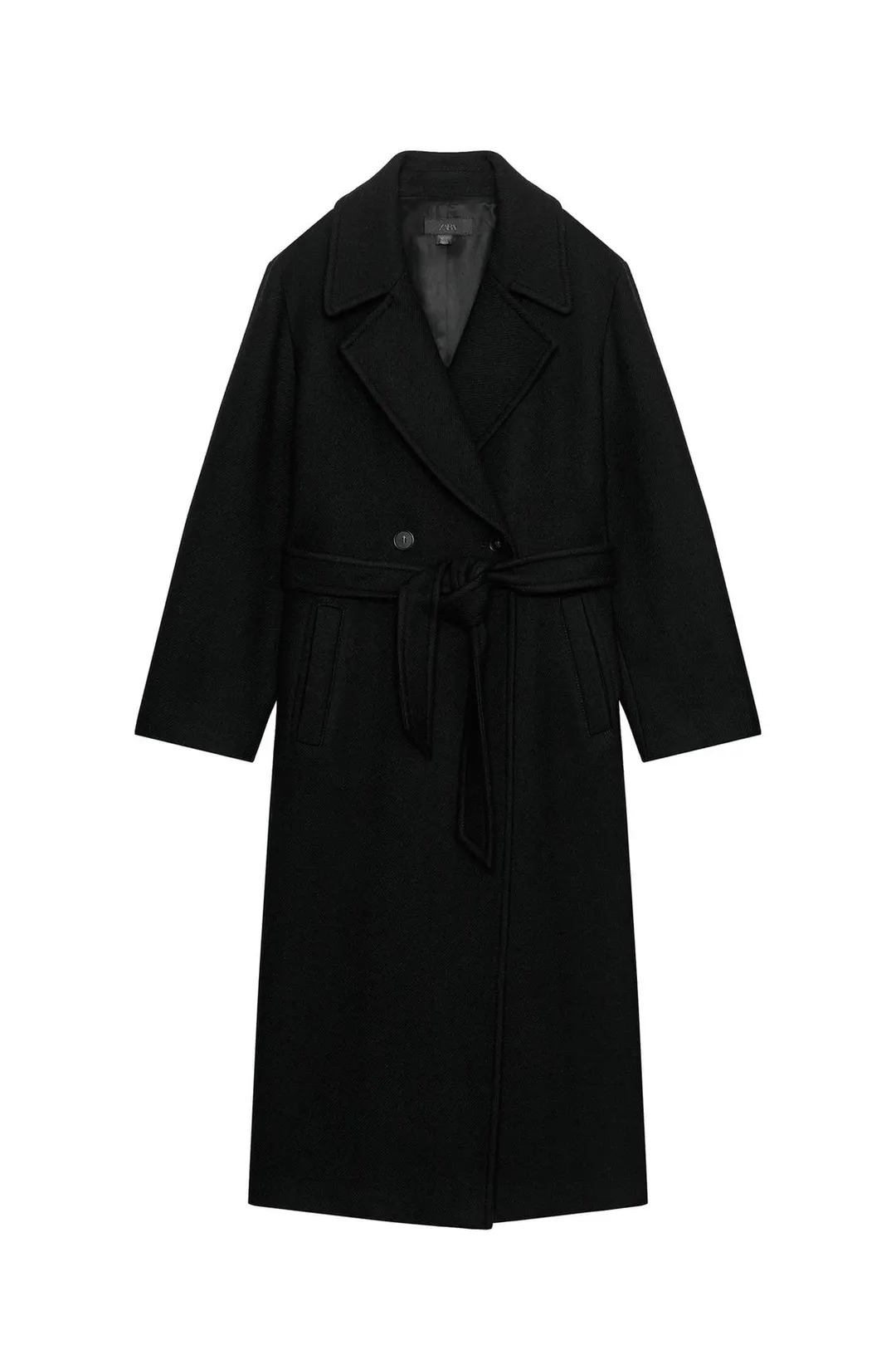 Пальто длинное из смесовой шерсти с поясом, Zara
