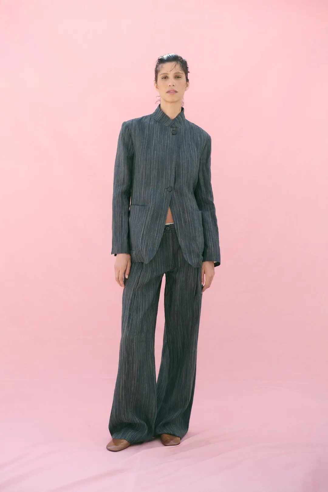Брюки из льна в полоску ZW Collection, Zara