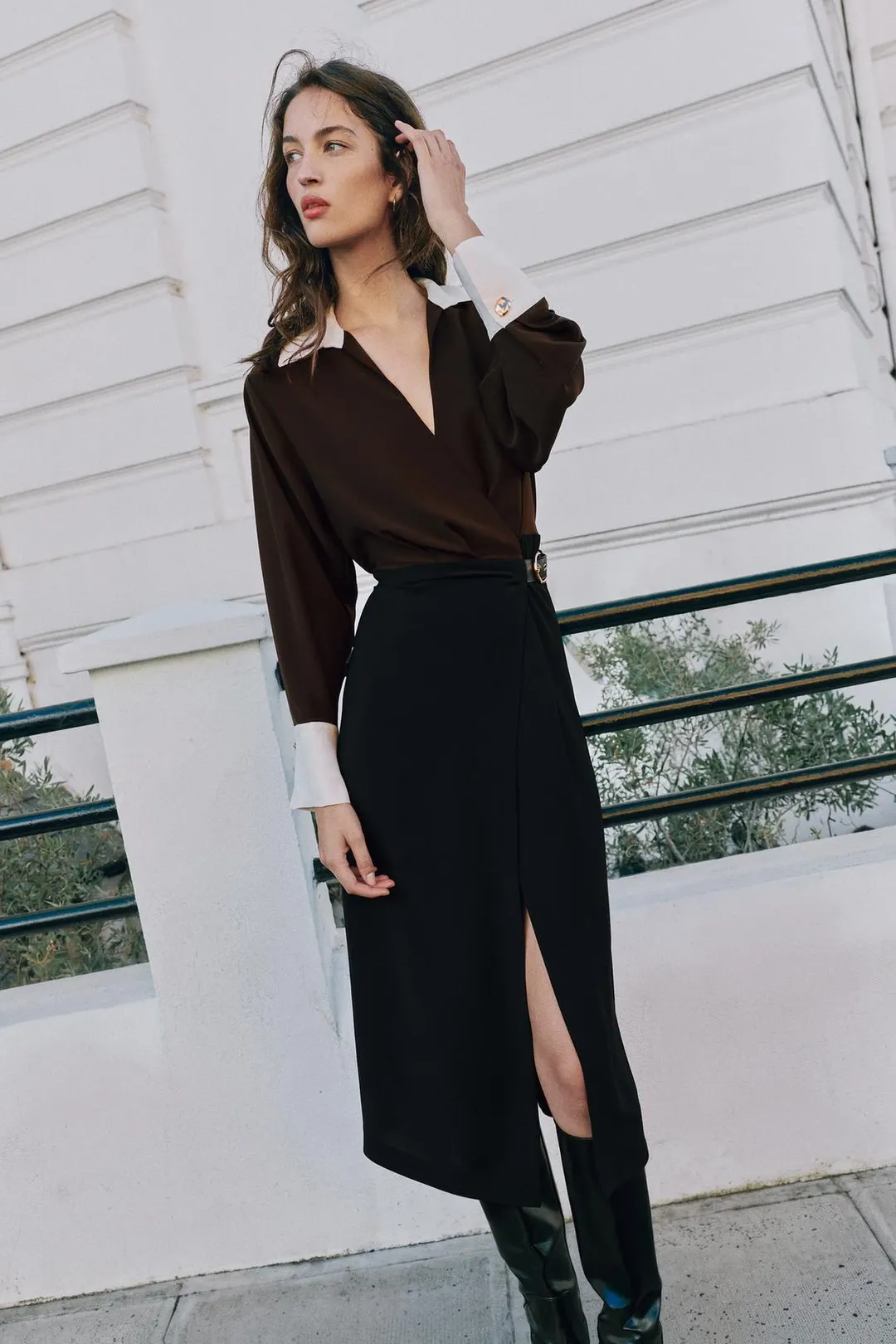 Комбинированное платье миди с пряжкой, Zara