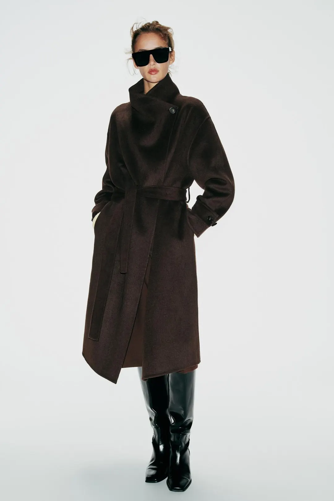 Двубортное пальто из смесовой шерсти с поясом, Zara