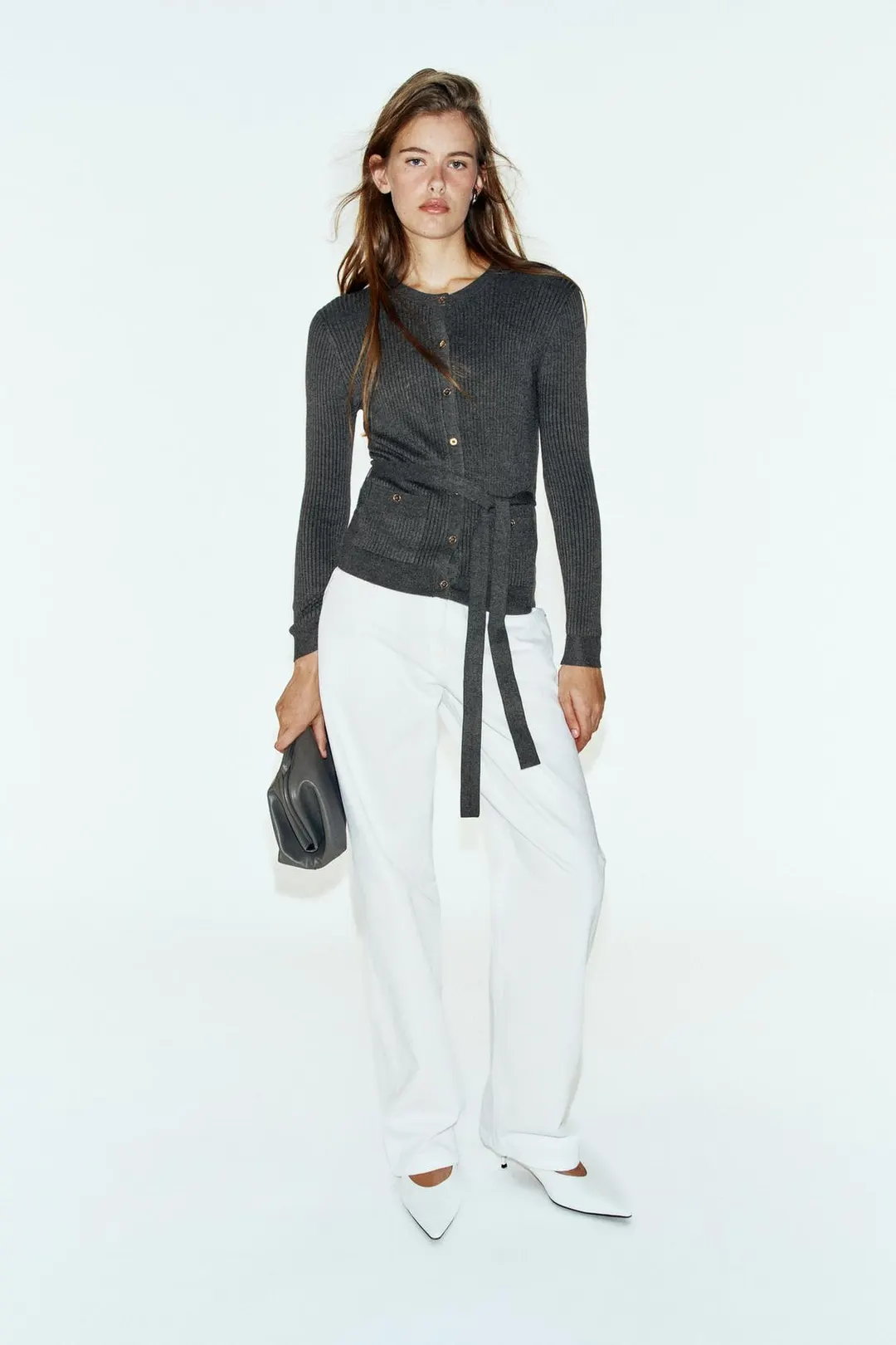 Вязаный кардиган в рубчик с поясом, Zara