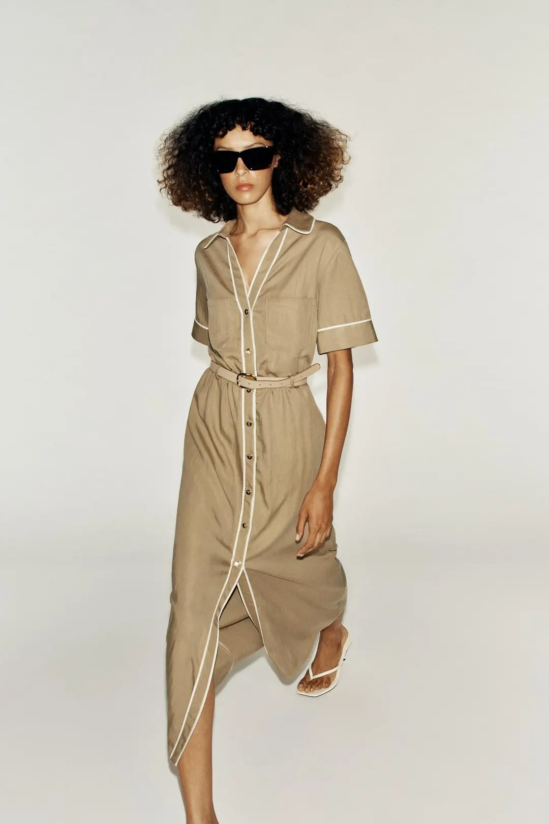 Платье миди с контрастной отделкой и поясом, Zara