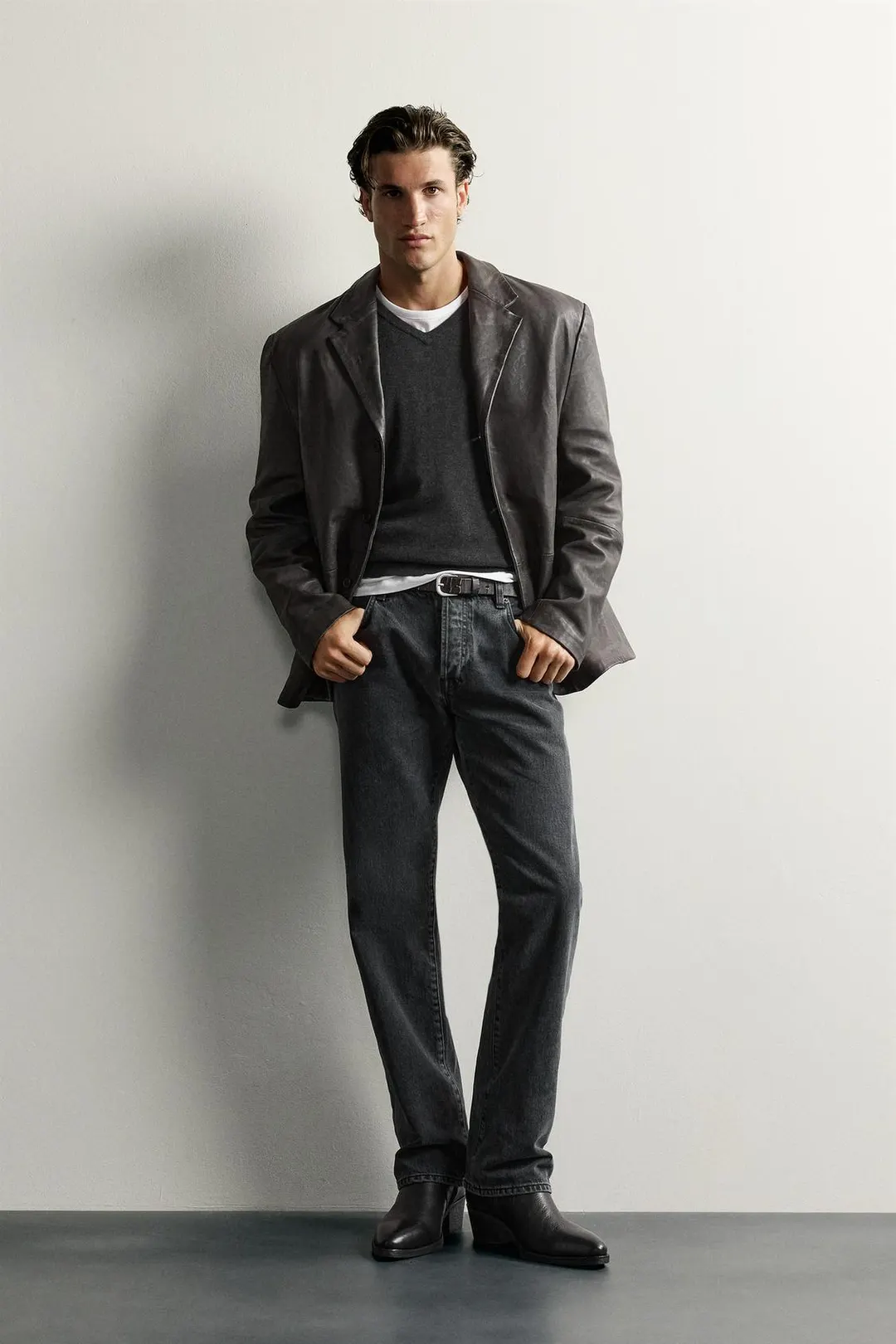 Кожаный блейзер классического кроя, Zara