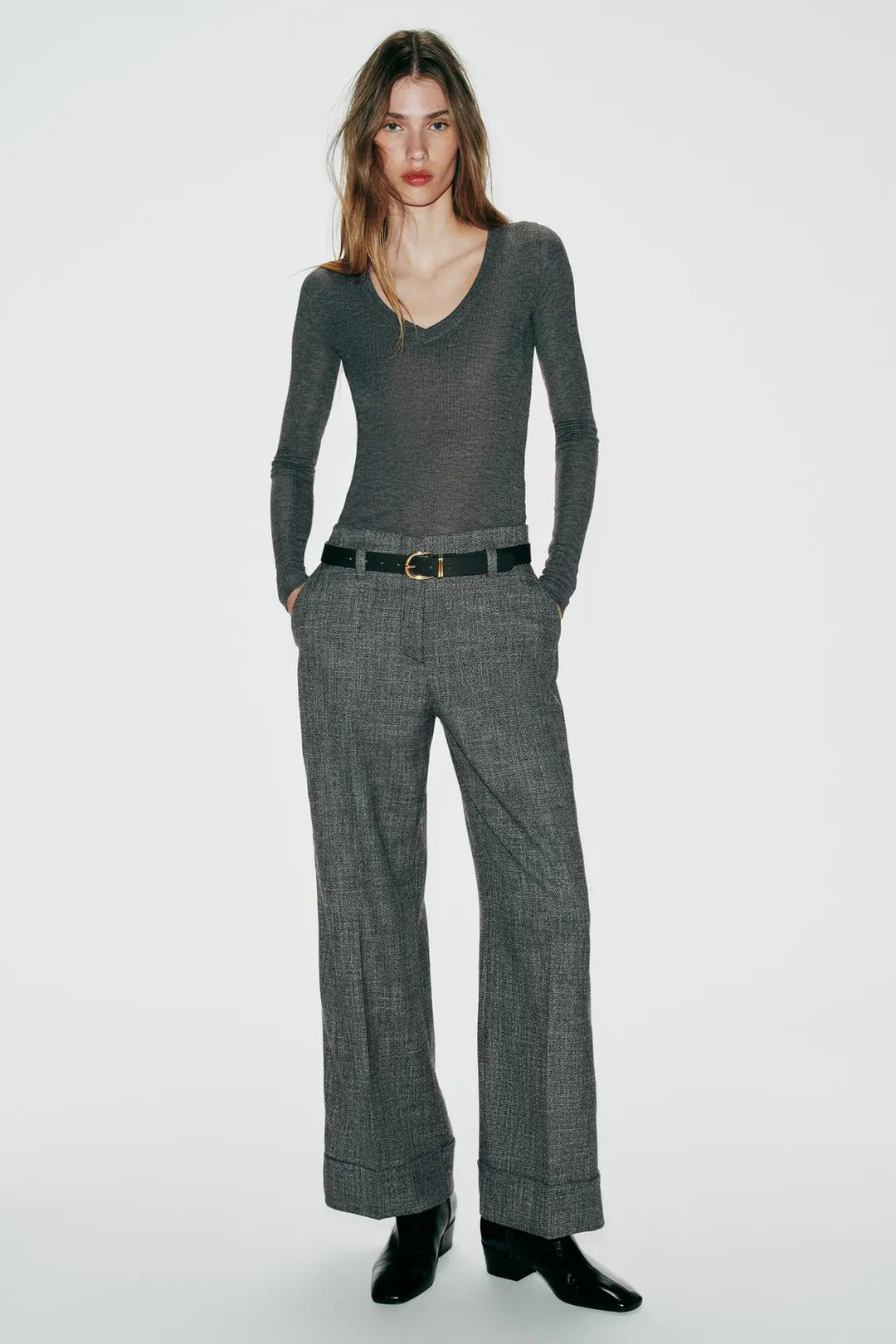 Брюки с поясом и отворотами, Zara
