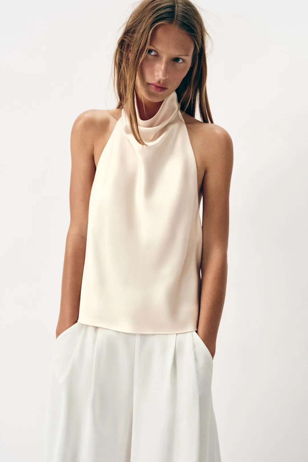 Атласный топ с бретелью халтер, Zara