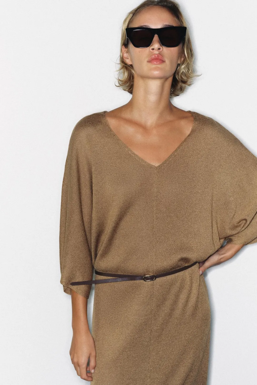 Трикотажное платье миди с поясом, Zara