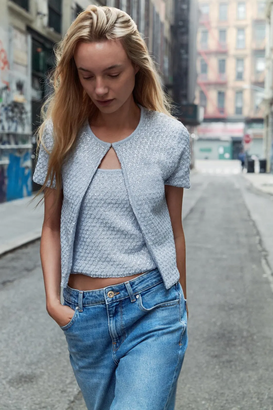 Вязаный топ с пайетками и металлизированной нитью, Zara