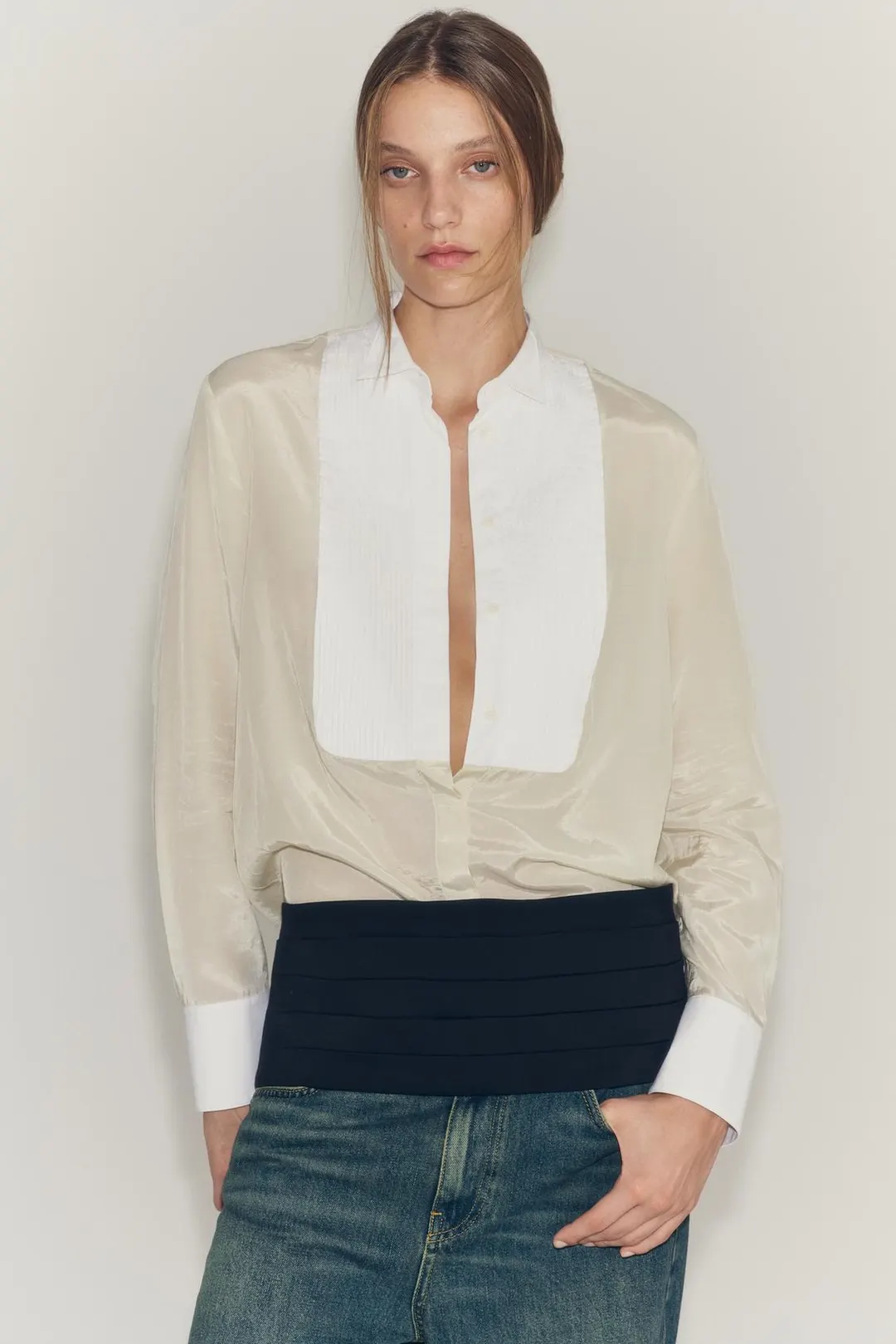Рубашка с контрастной манишкой ZW Collection, Zara