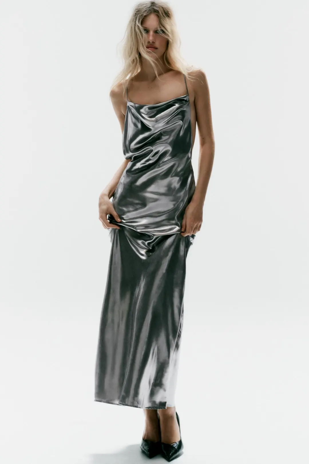 Платье на бретелях с драпировкой и эффектом металлик, Zara