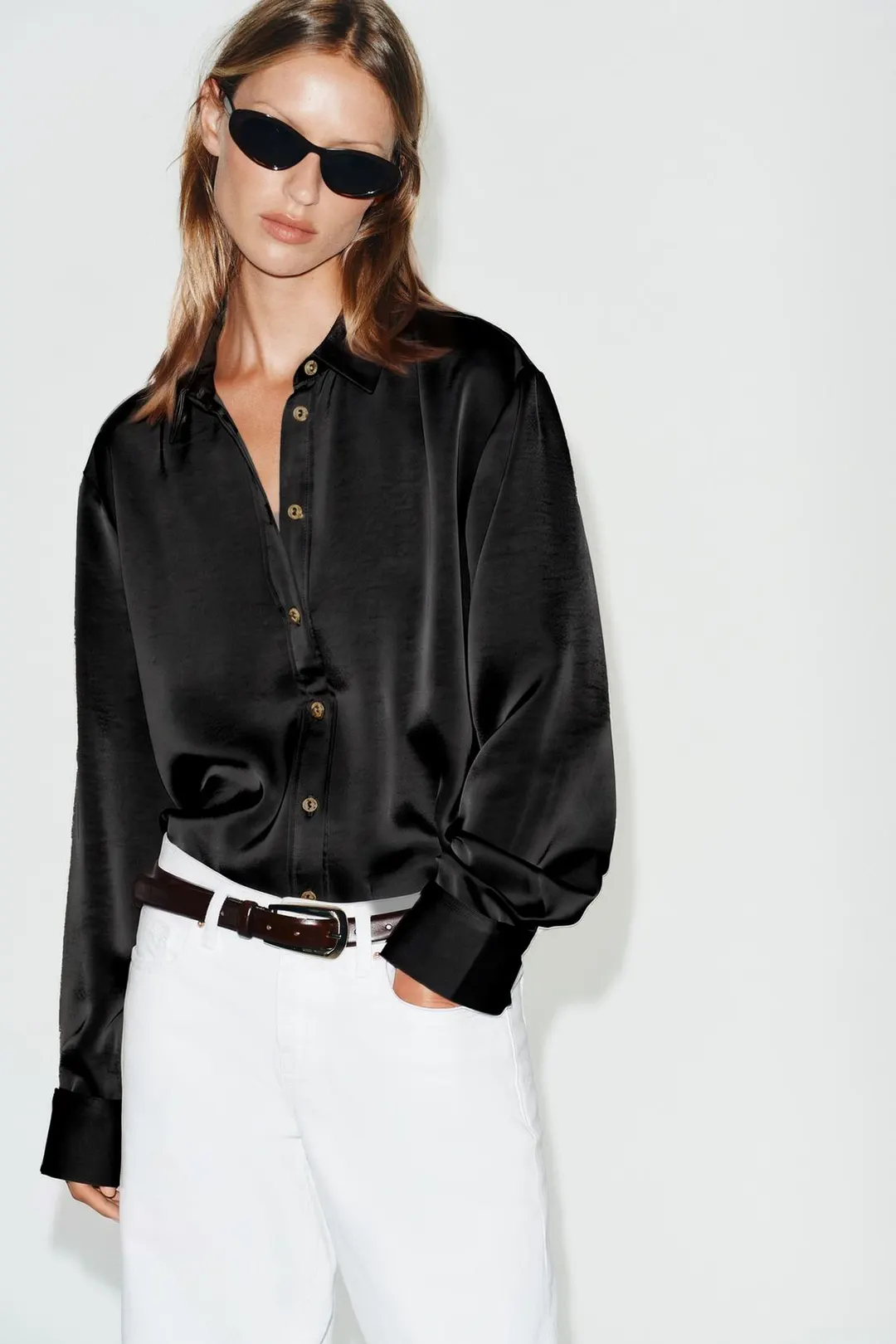 Атласная рубашка с золотистыми пуговицами, Zara