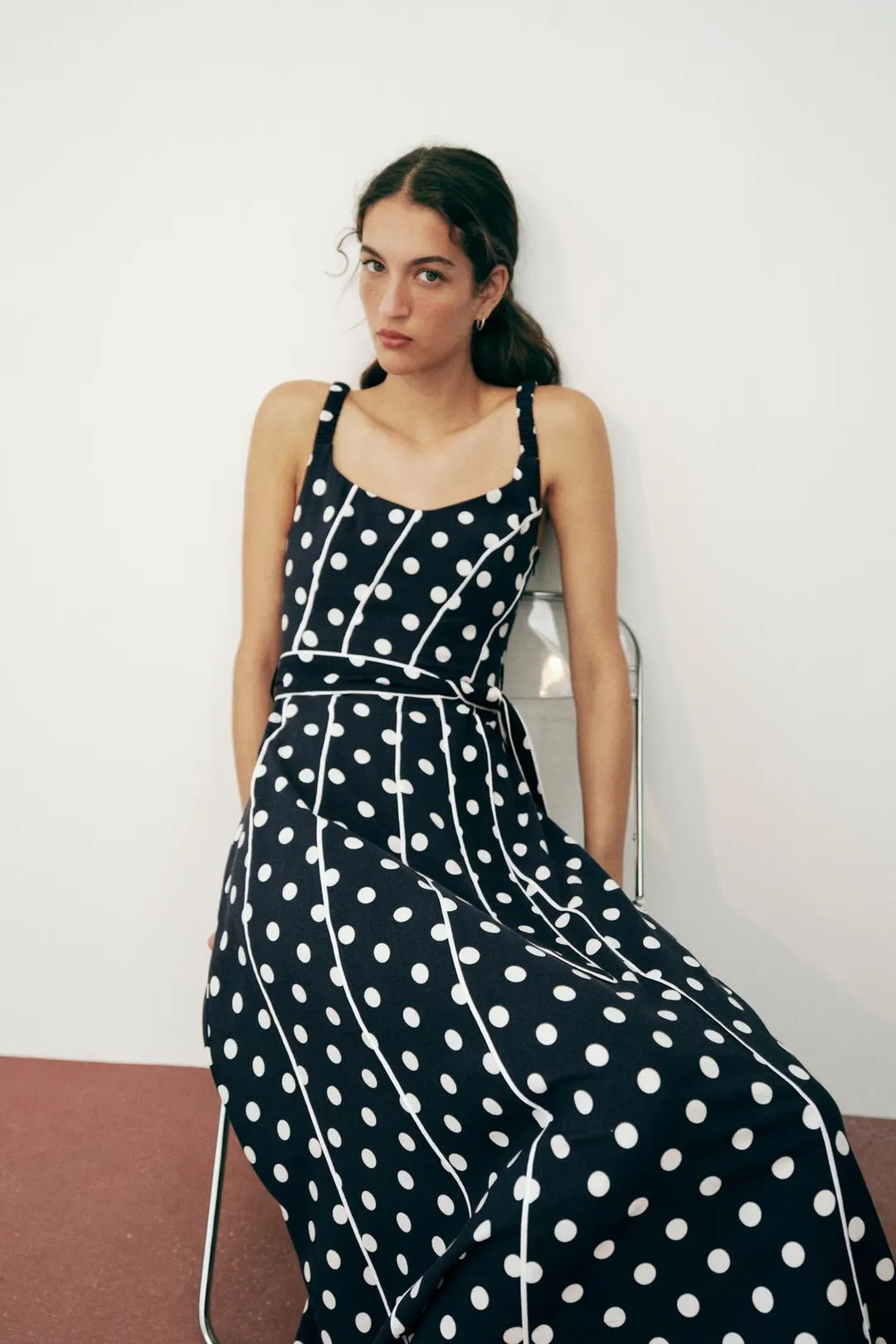 Платье миди в горошек с поясом, Zara