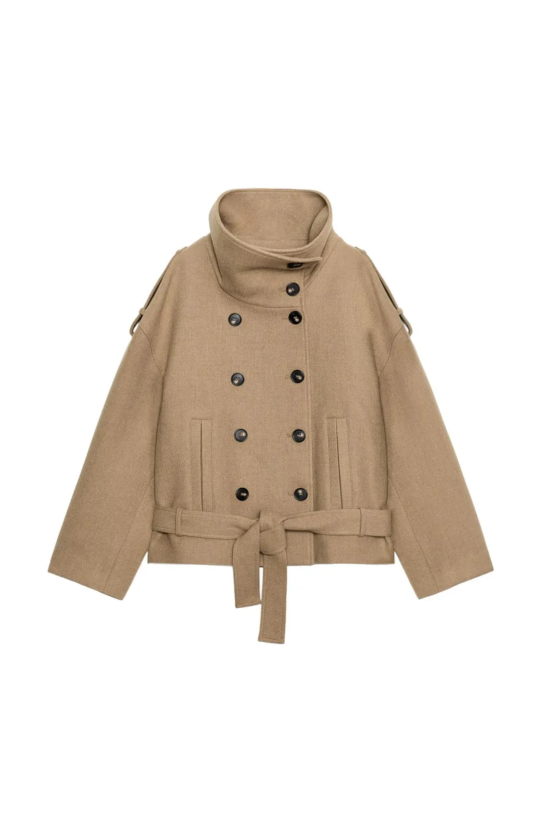 Пальто короткое с высоким воротником и поясом, Zara