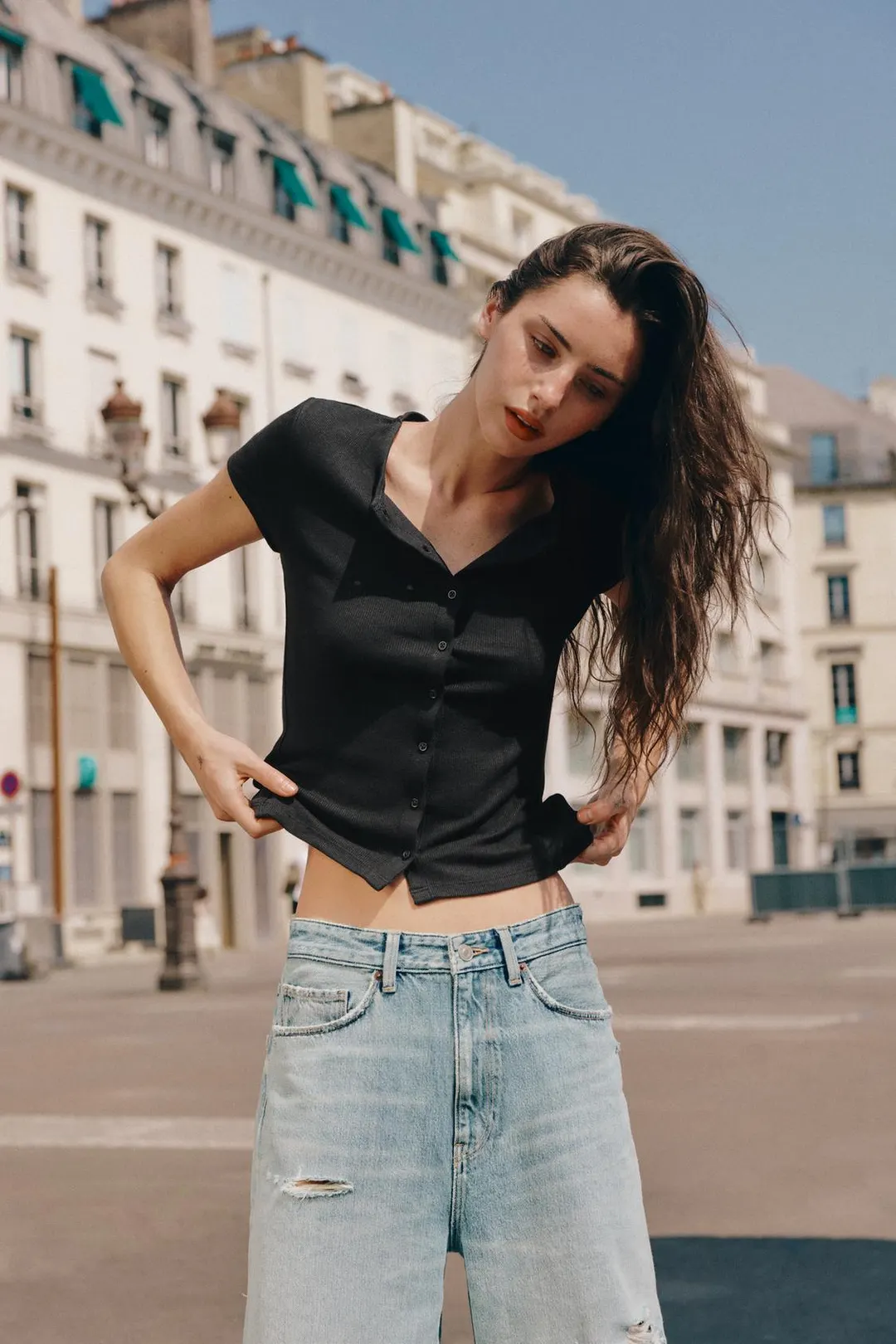 Футболка в рубчик на пуговицах, Zara