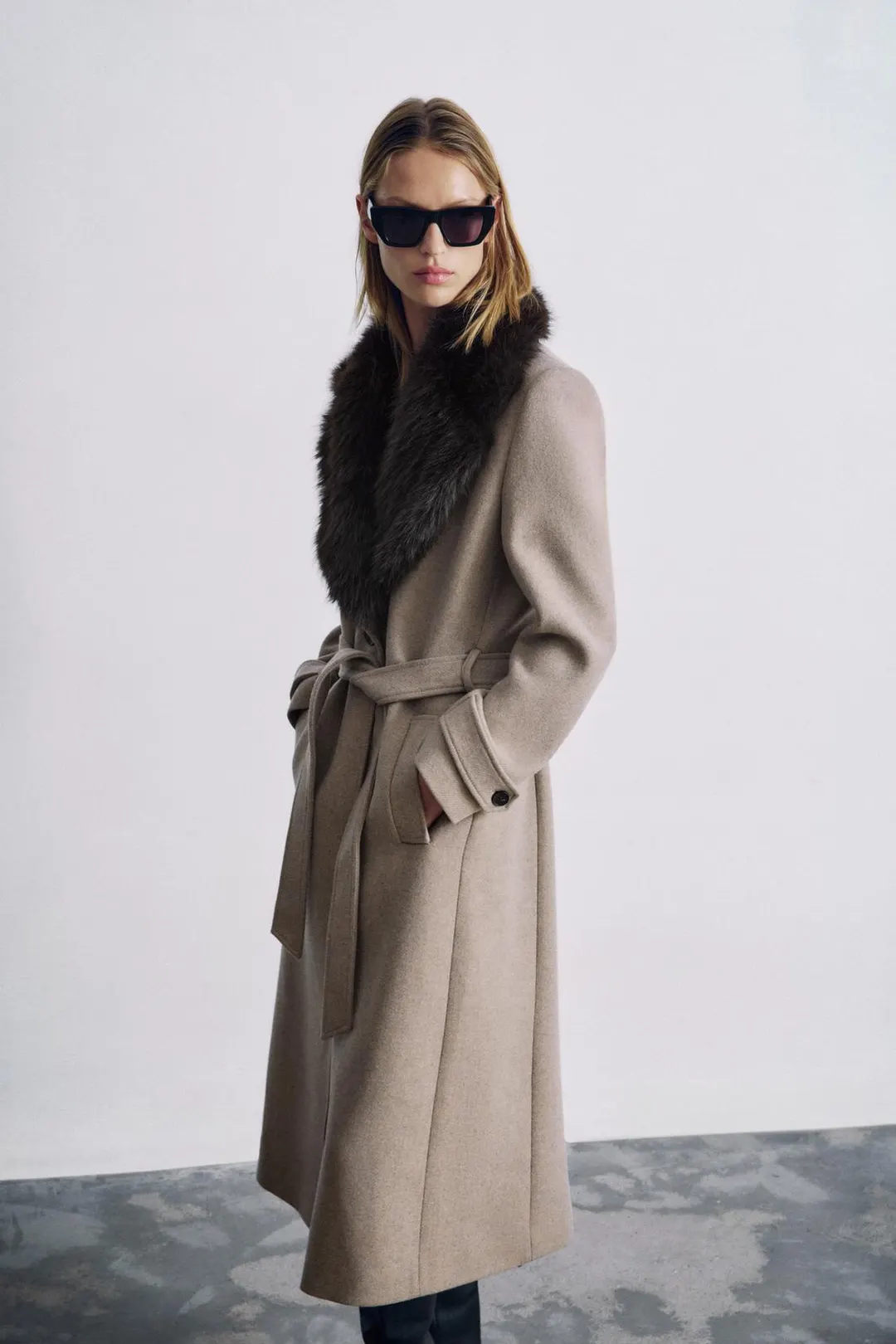 Пальто из смесовой шерсти со съемным искусственным мехом, Zara