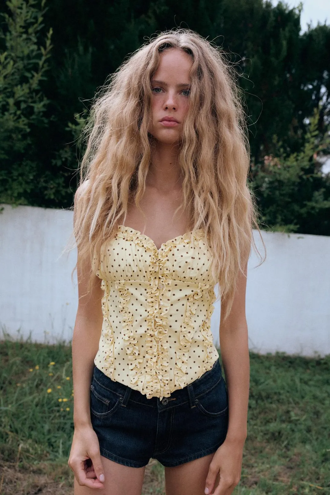 Топ из поплина в горошек с оборкой, Zara