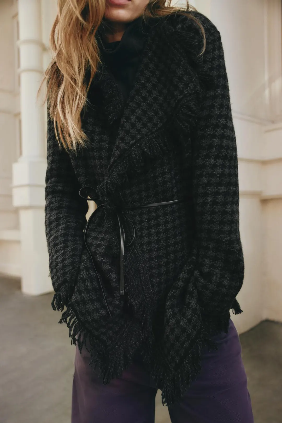 Кардиган в гусиную лапку с поясом, Zara