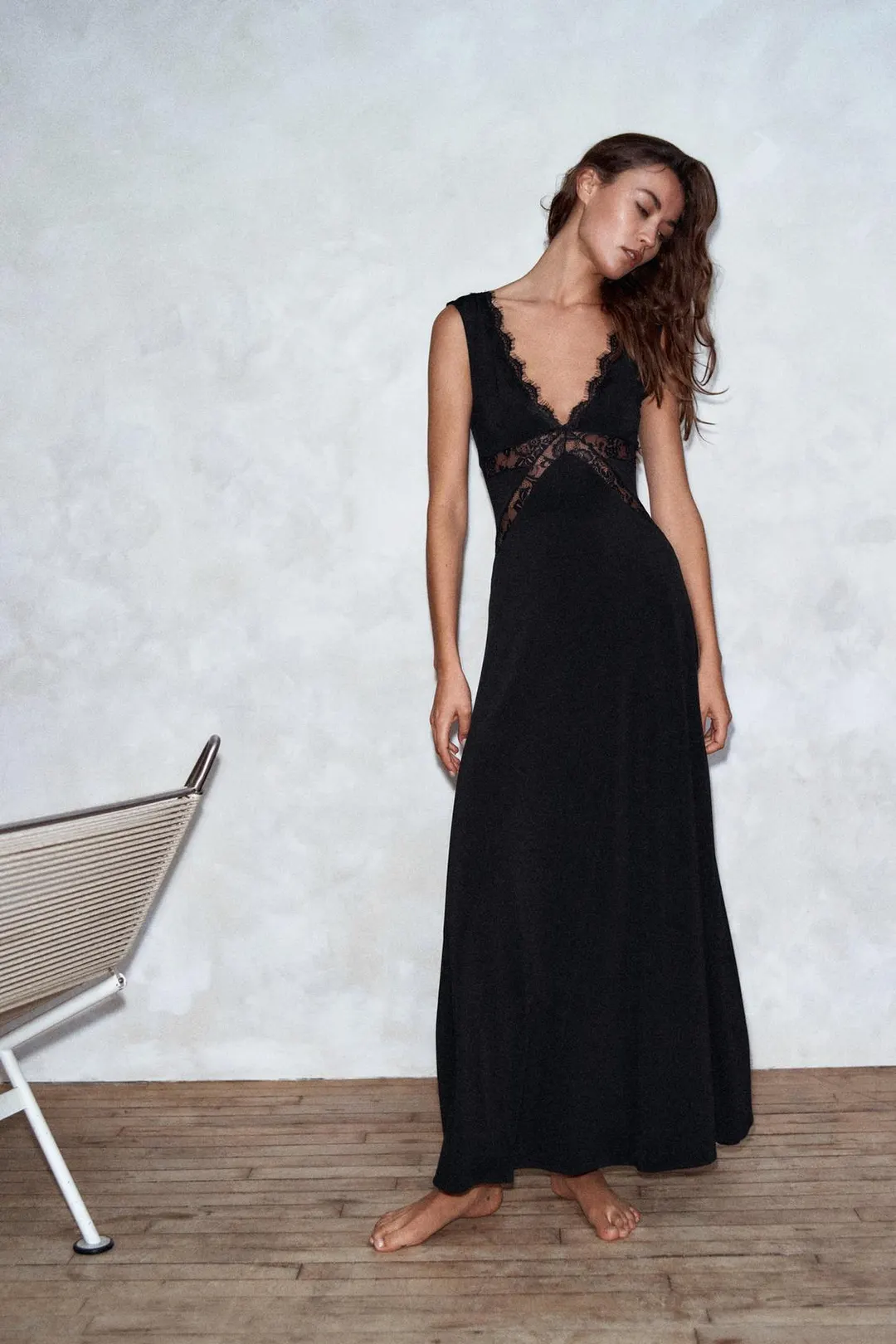 Комбинированное длинное платье на бретелях, Zara