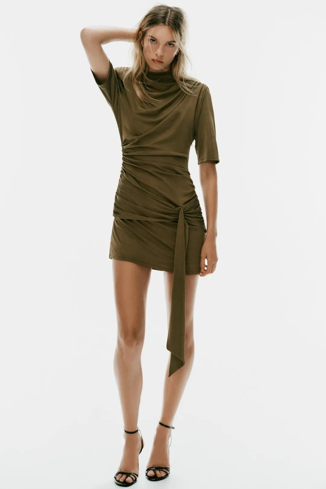 Платье мини со сборками и поясом-кушаком, Zara