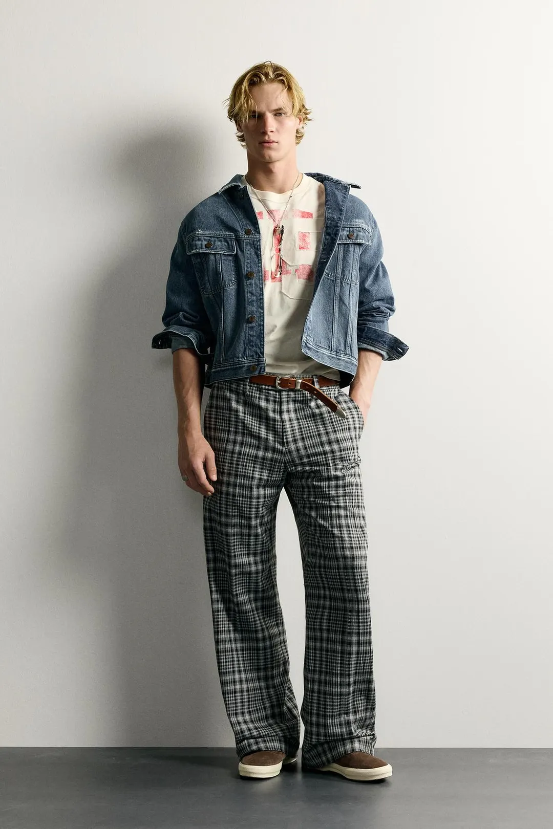 Брюки расклешенного кроя в клетку, Zara