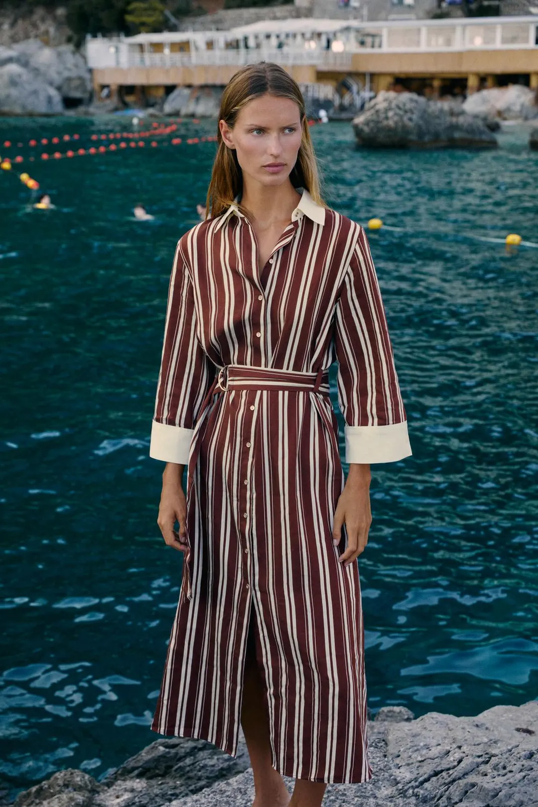 Полосатое платье-рубашка миди с поясом, Zara