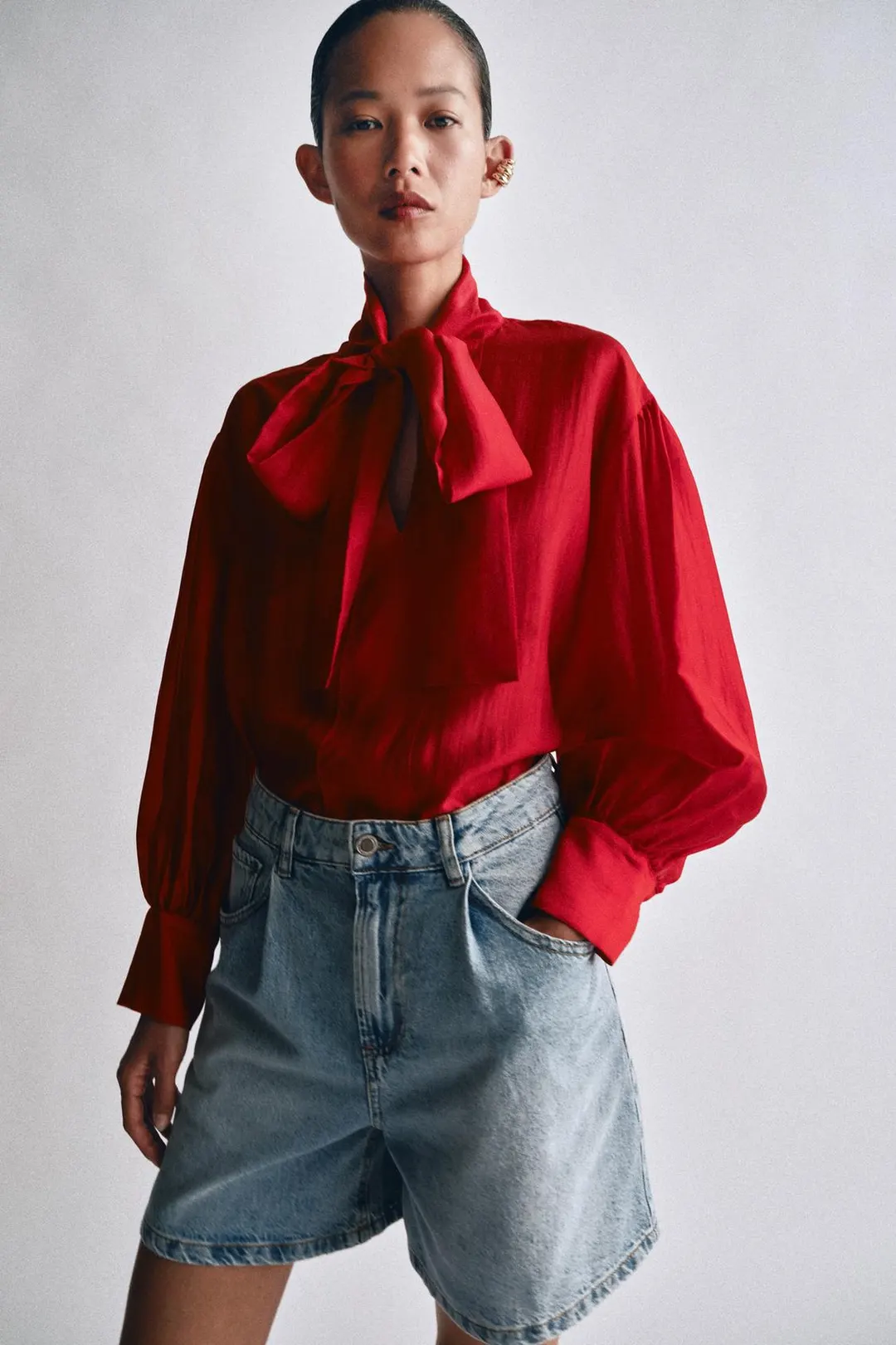 Атласная рубашка с завязками ZW Collection, Zara