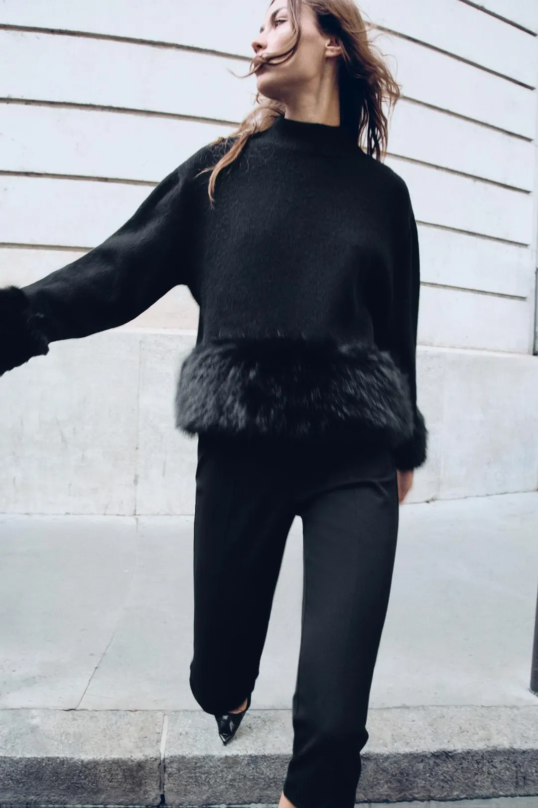 Джемпер комбинированной вязки с искусственным мехом, Zara