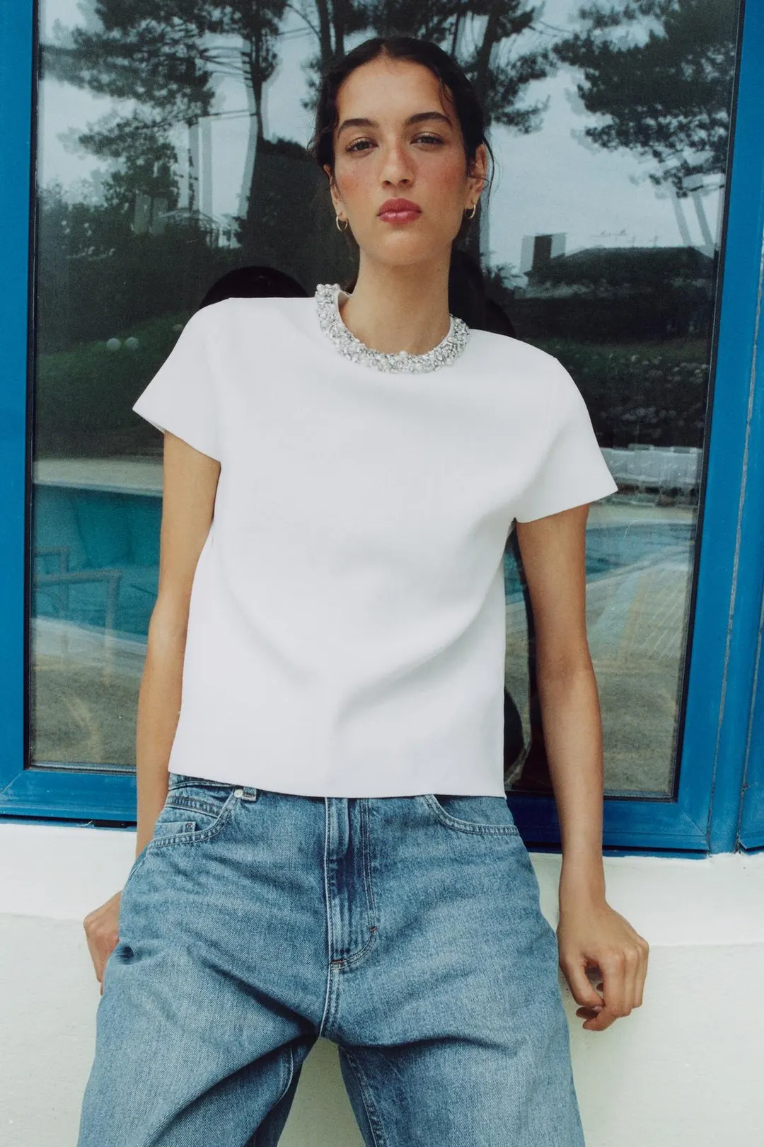 Трикотажный топ с декоративными бусинами, Zara